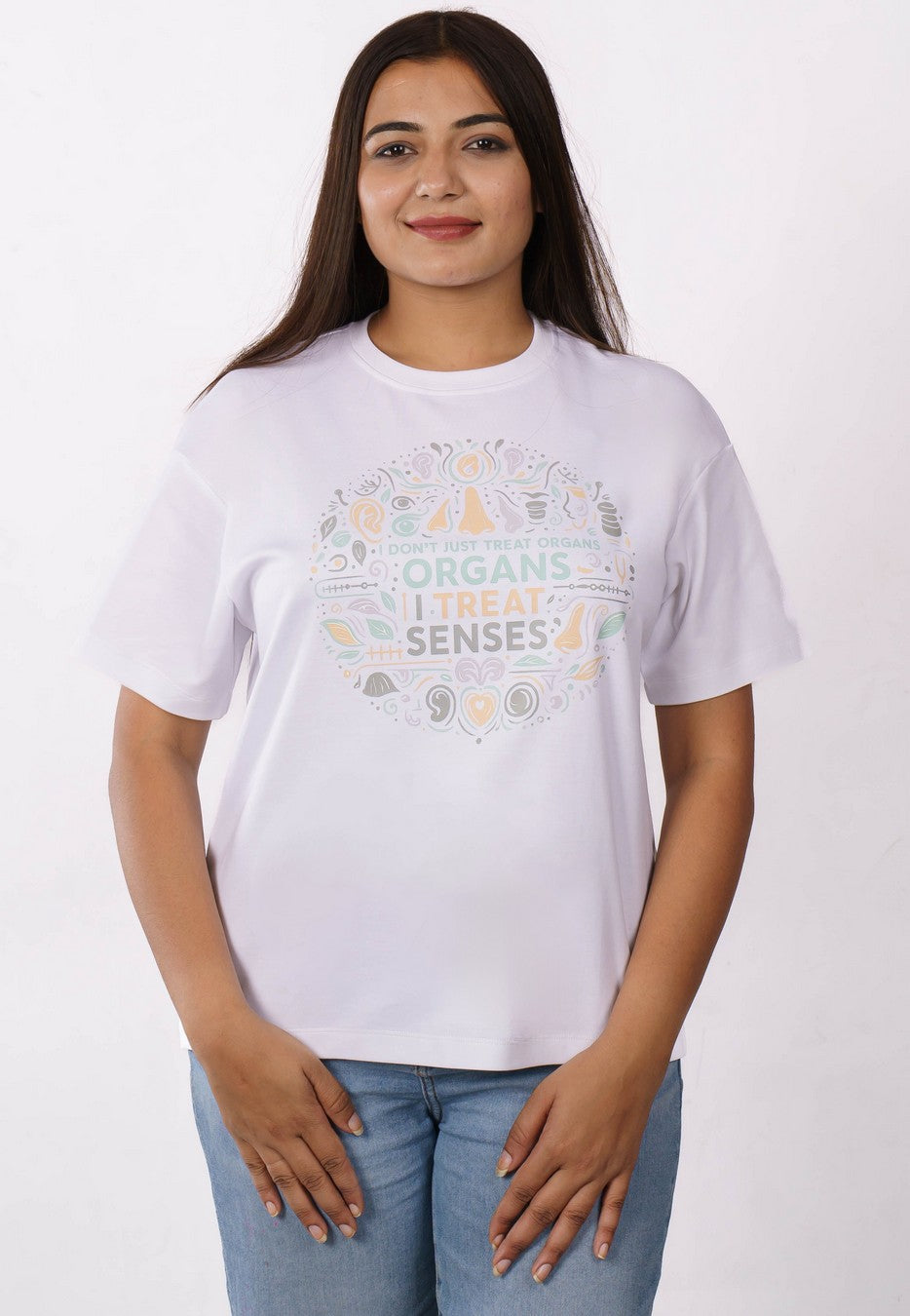 ENT Specialist Trendy Tshirt For Women oversized fit white tee with printed organs design by Bandar Baant Collections