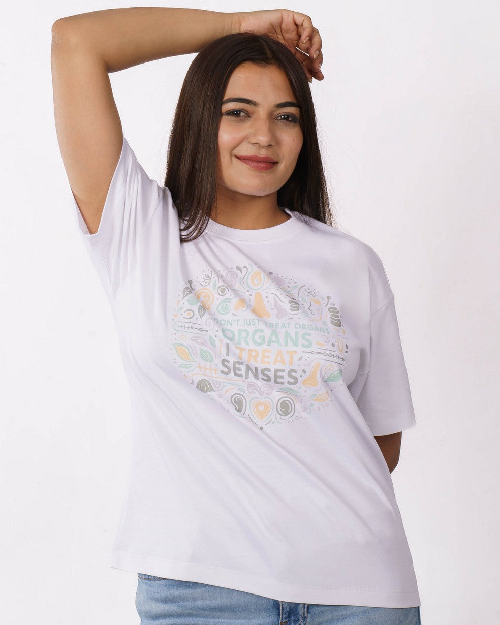 ENT Specialist Trendy Tshirt For Women oversized fit white tee with graphic print worn by smiling woman