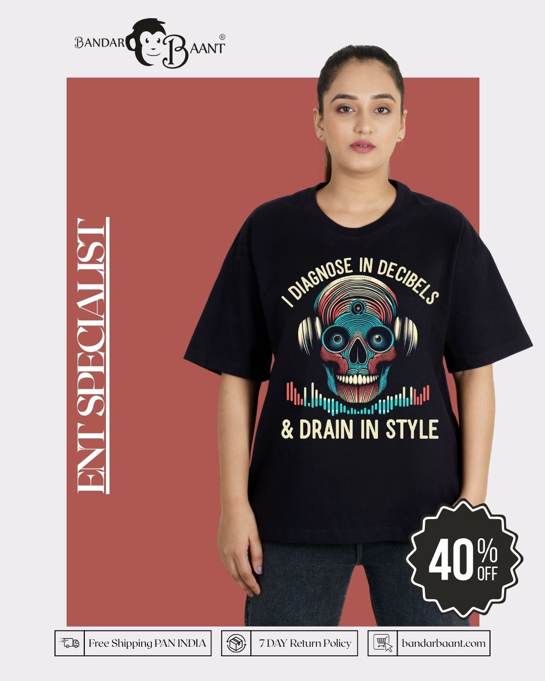 Oversized fit ENT Specialist Trendy Tshirt For Women with colorful skull design and audio wave graphics