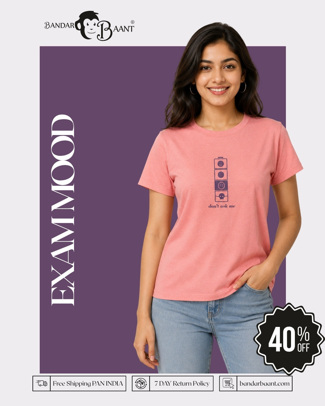 Regular Fit T-shirt For Women Pink Color worn by smiling woman with graphic print from Bandar Baant Collections