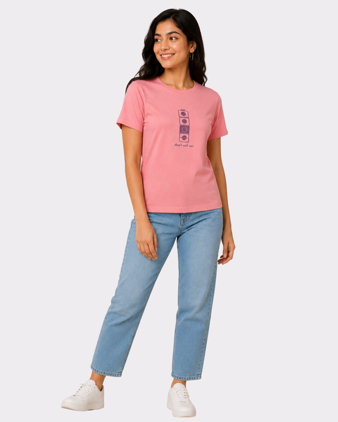 Regular Fit T-shirt For Women Pink Color by Bandar Baant Collections with graphic print worn with light blue jeans and white sneakers