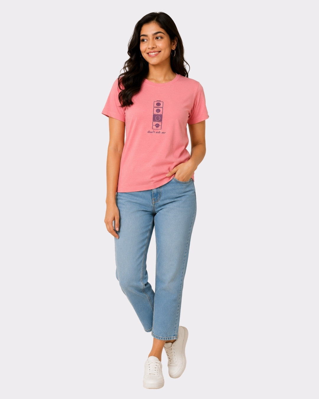 Regular Fit T-shirt For Women Pink Color worn by woman with blue jeans and white sneakers