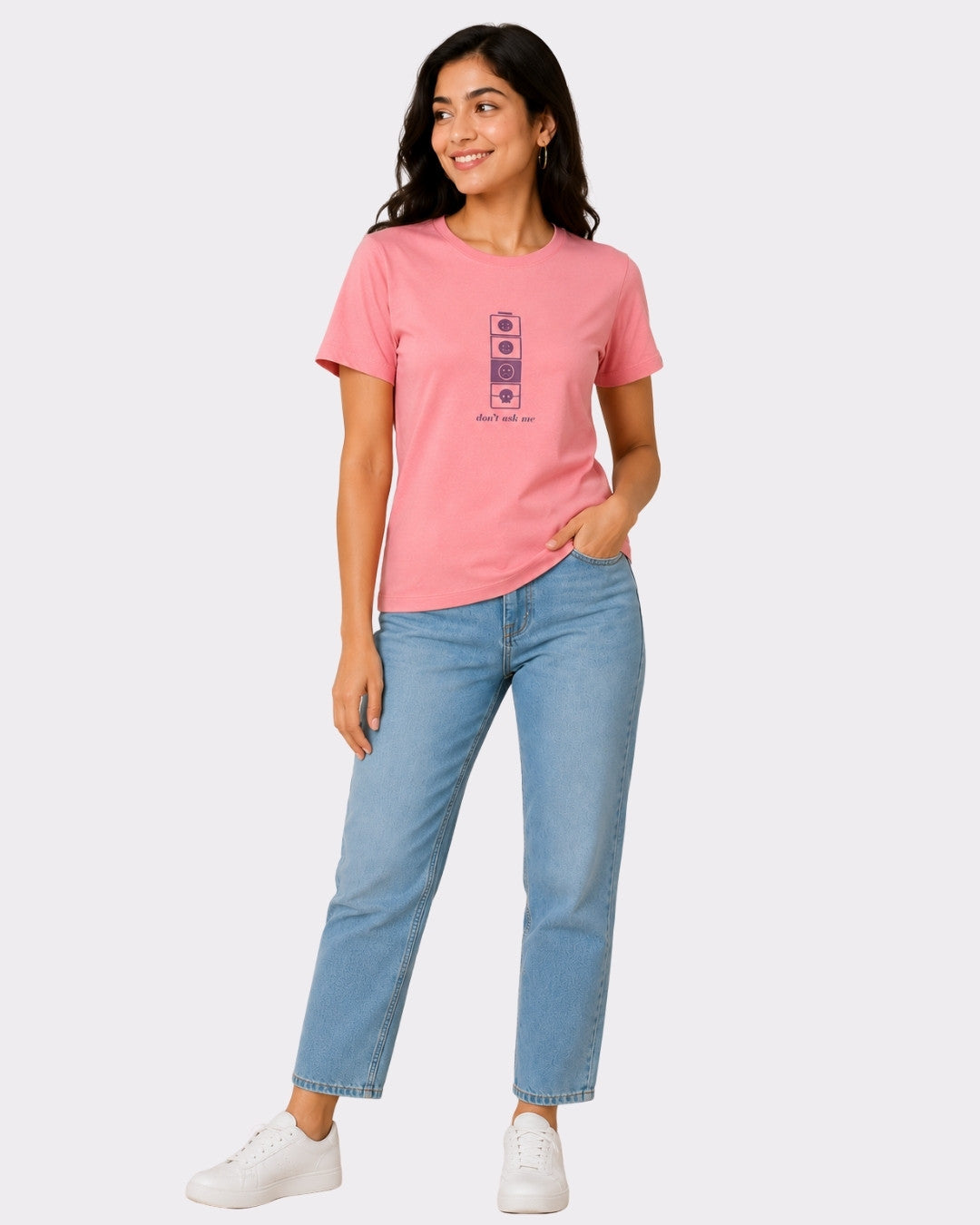 Regular Fit T-shirt For Women Pink Color by Bandar Baant Collections worn with light blue jeans and white sneakers
