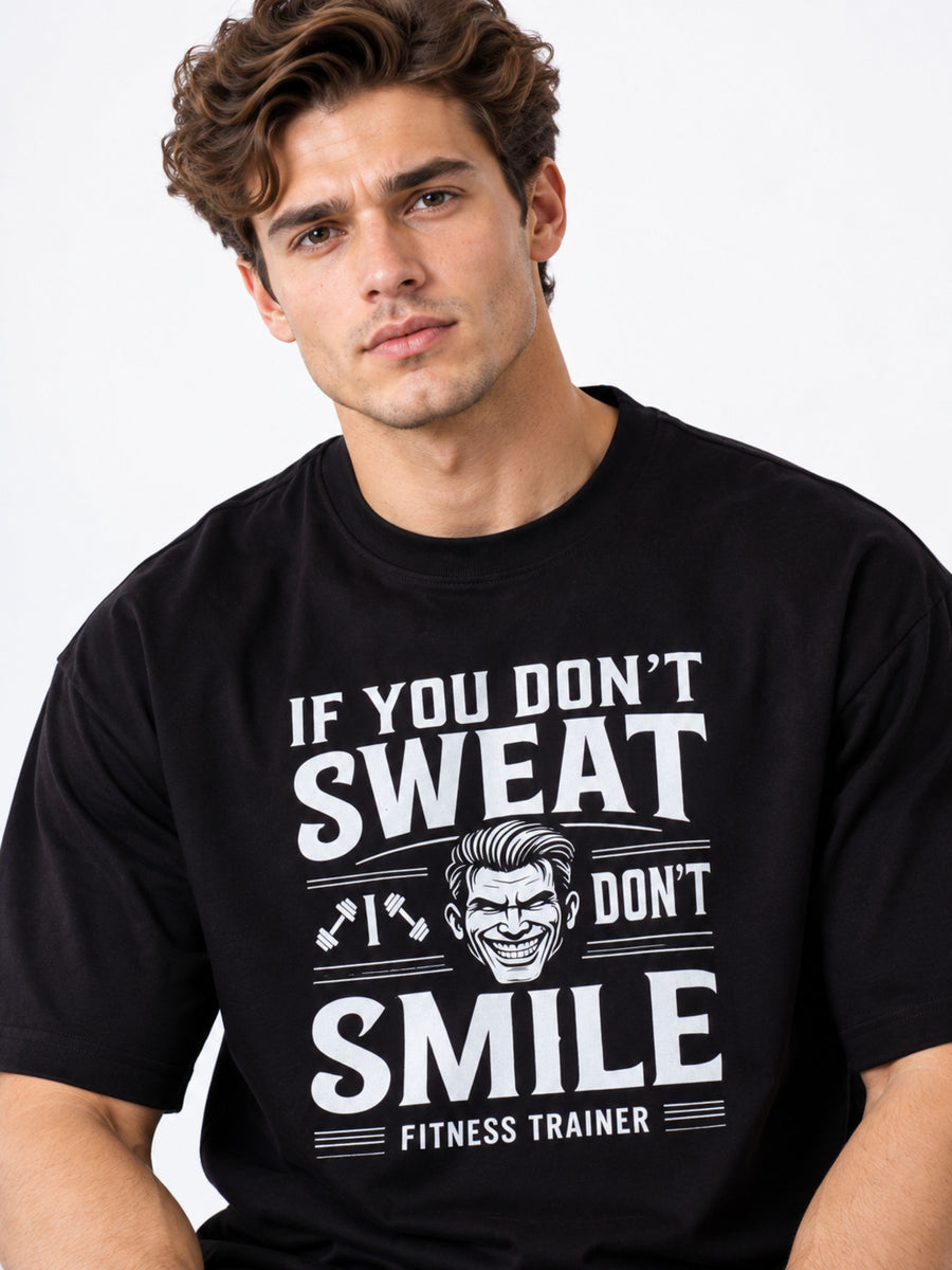 Oversized fit Fitness Trainers T-shirt For Men in black with motivational workout graphic by Bandar Baant Collections