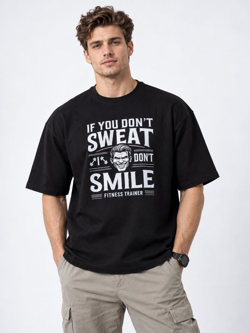 Black oversized fit Fitness Trainers T-shirt For Men with motivational sweat and smile print