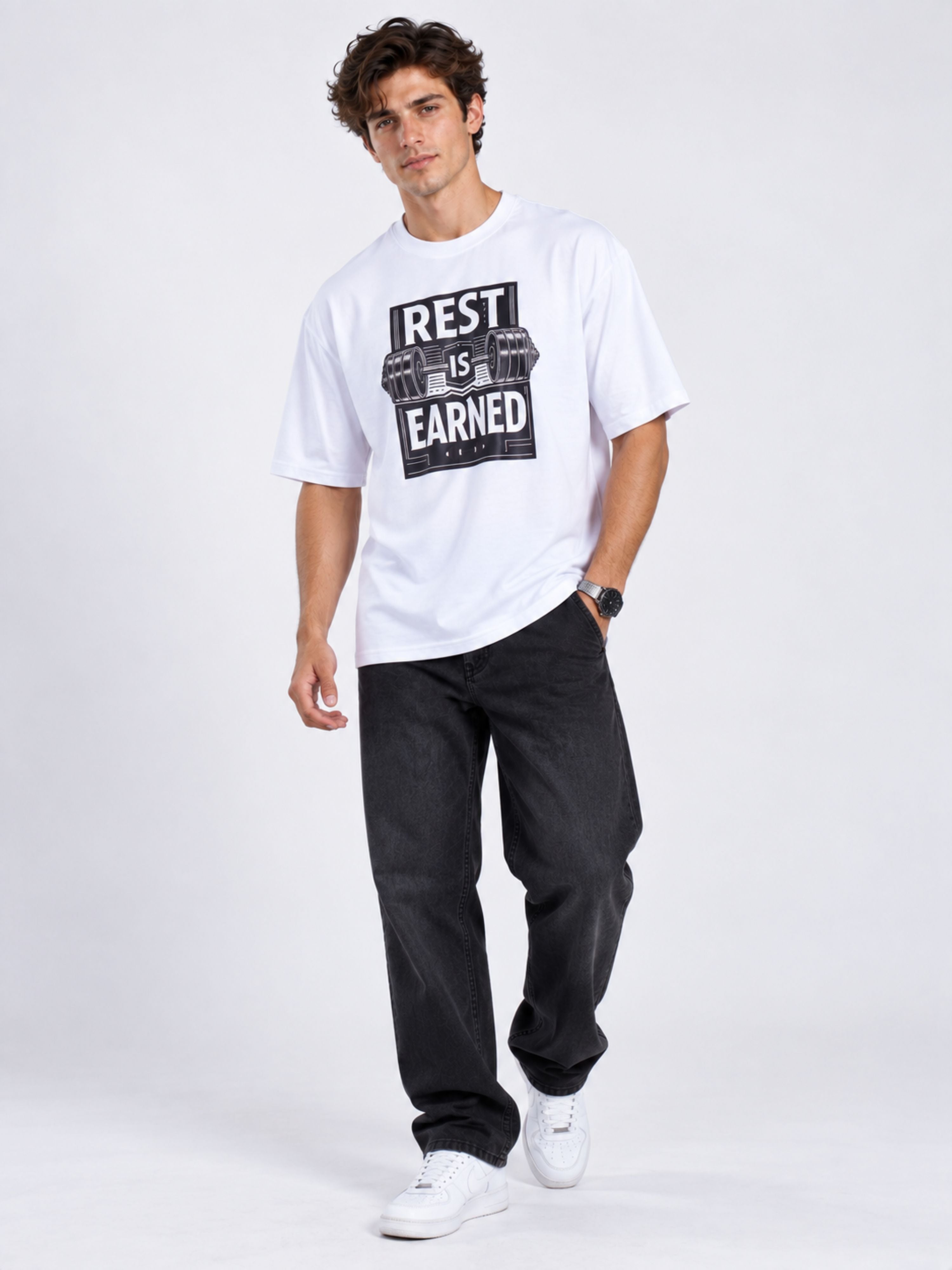 Bandar Baant Collections oversized fit white Fitness Trainers Tshirt For Men with black text rest is earned