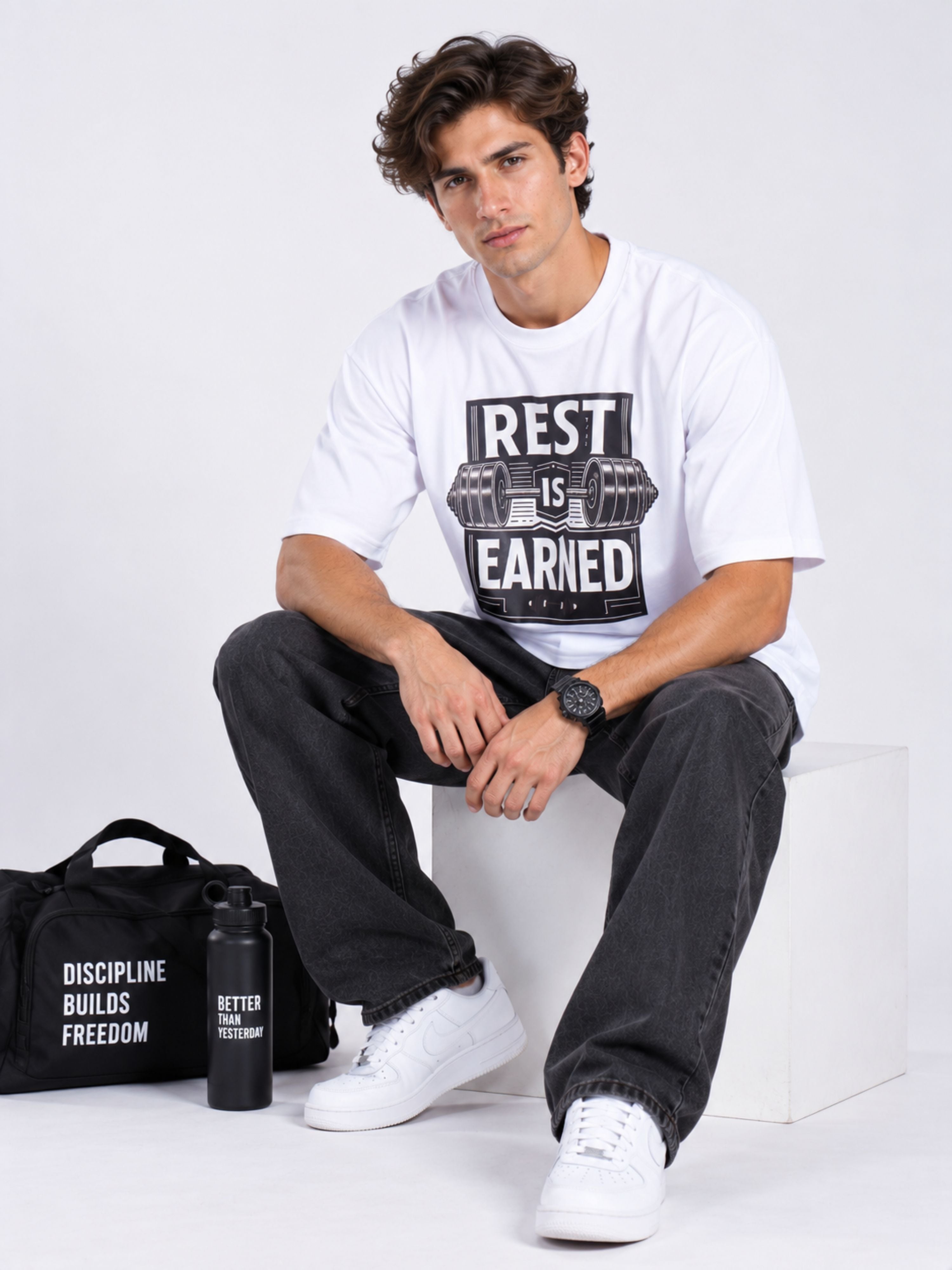 Fitness Trainers Tshirt For Men oversized fit white t-shirt with rest is earned print worn by man