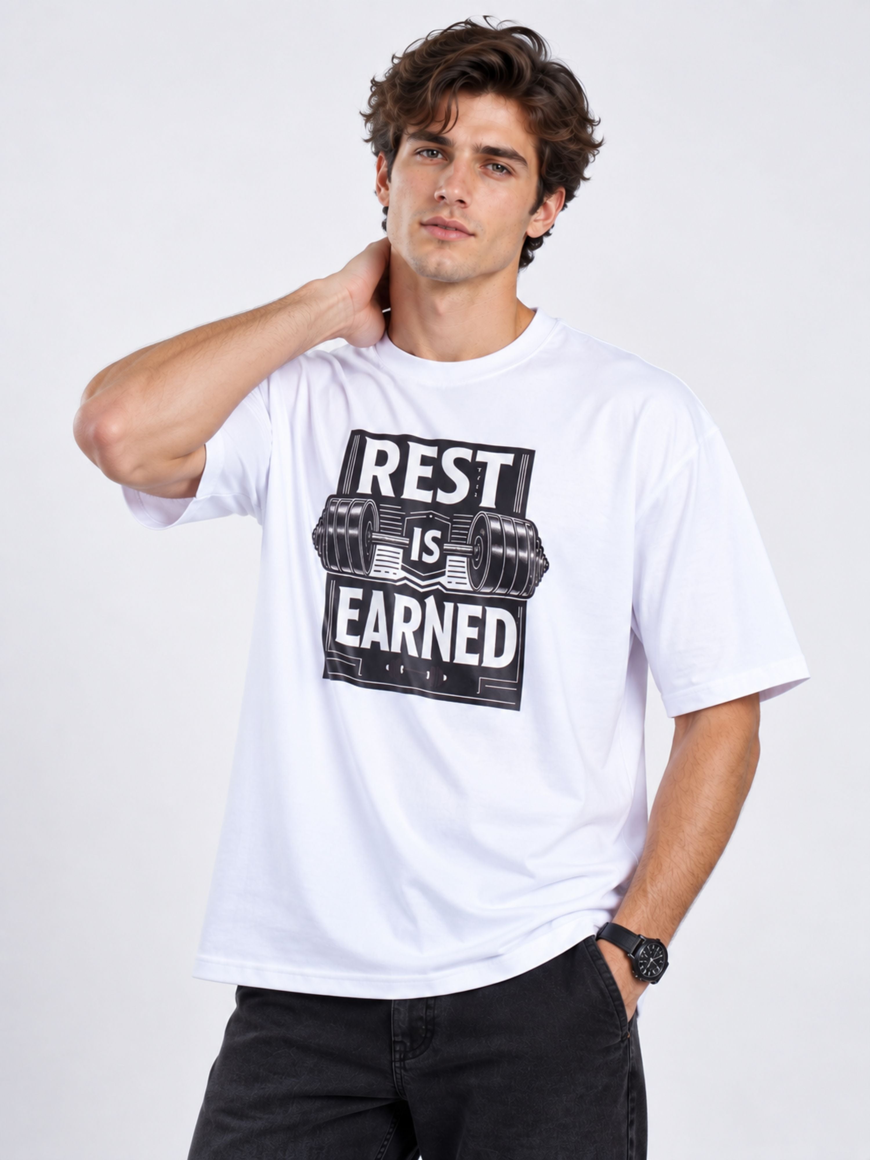 Oversized fit Fitness Trainers Tshirt For Men in white with Rest Is Earned graphic design