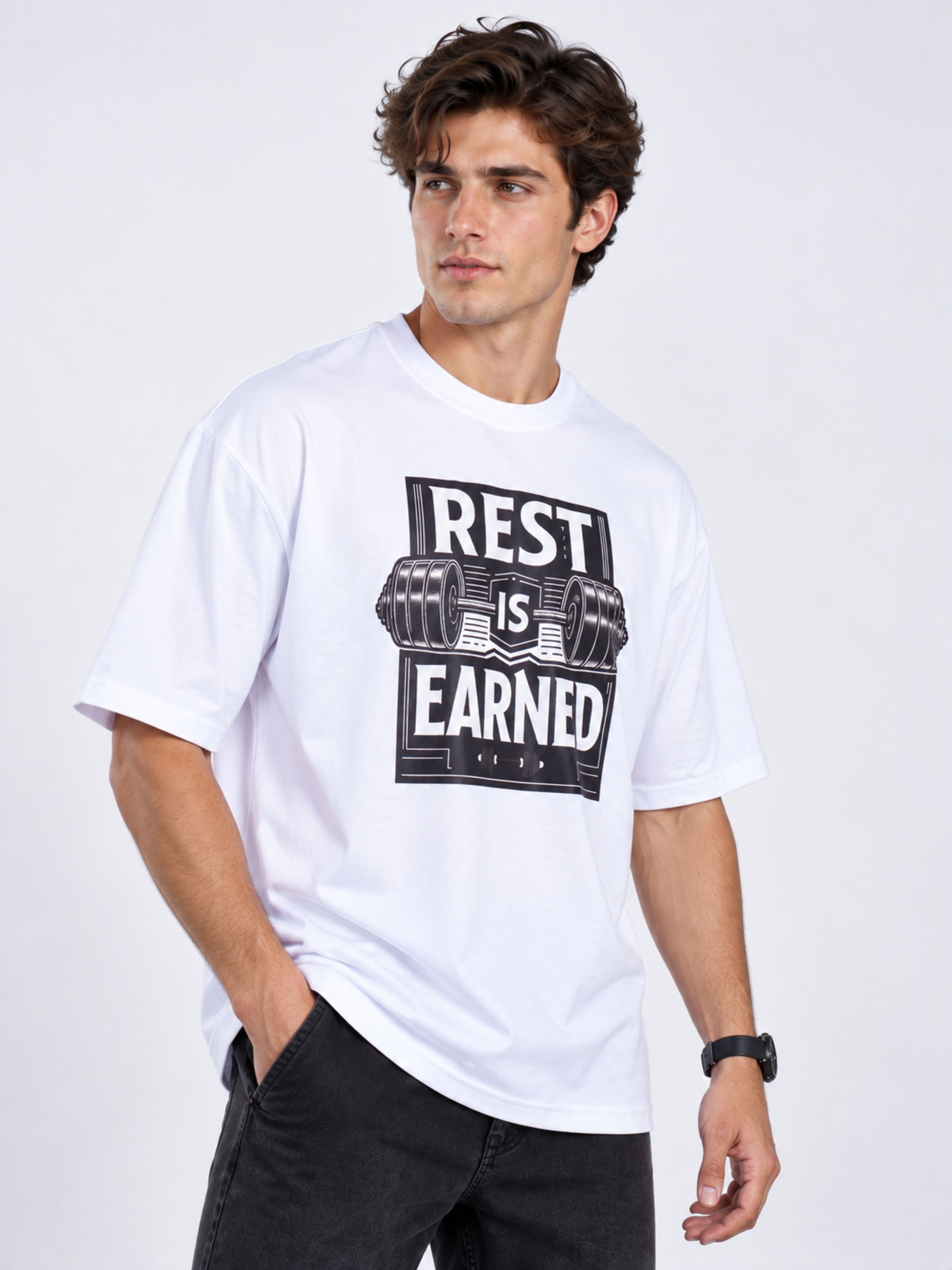 White oversized fit Fitness Trainers Tshirt For Men with rest is earned print from Bandar Baant Collections