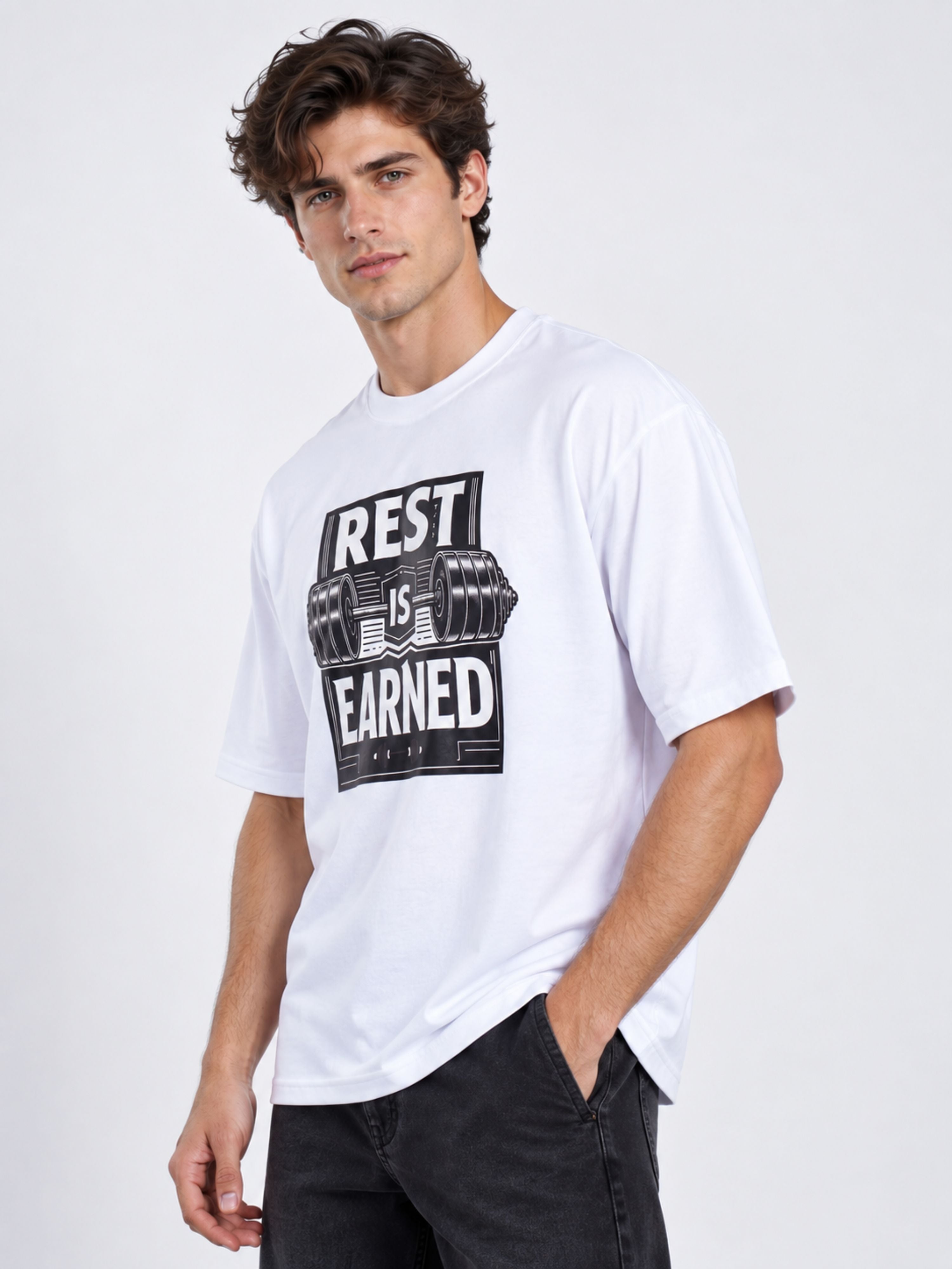 Fitness Trainers Tshirt For Men oversized fit white tshirt with Rest is Earned print by Bandar Baant Collections