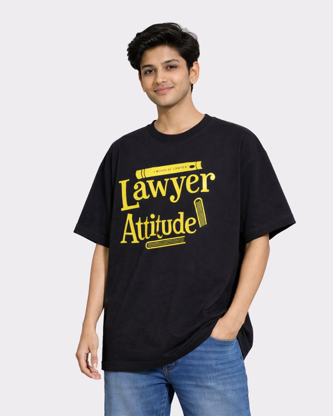 Man wearing black Lawyer Oversized Funky T-Shirt For Men with yellow text and blue jeans