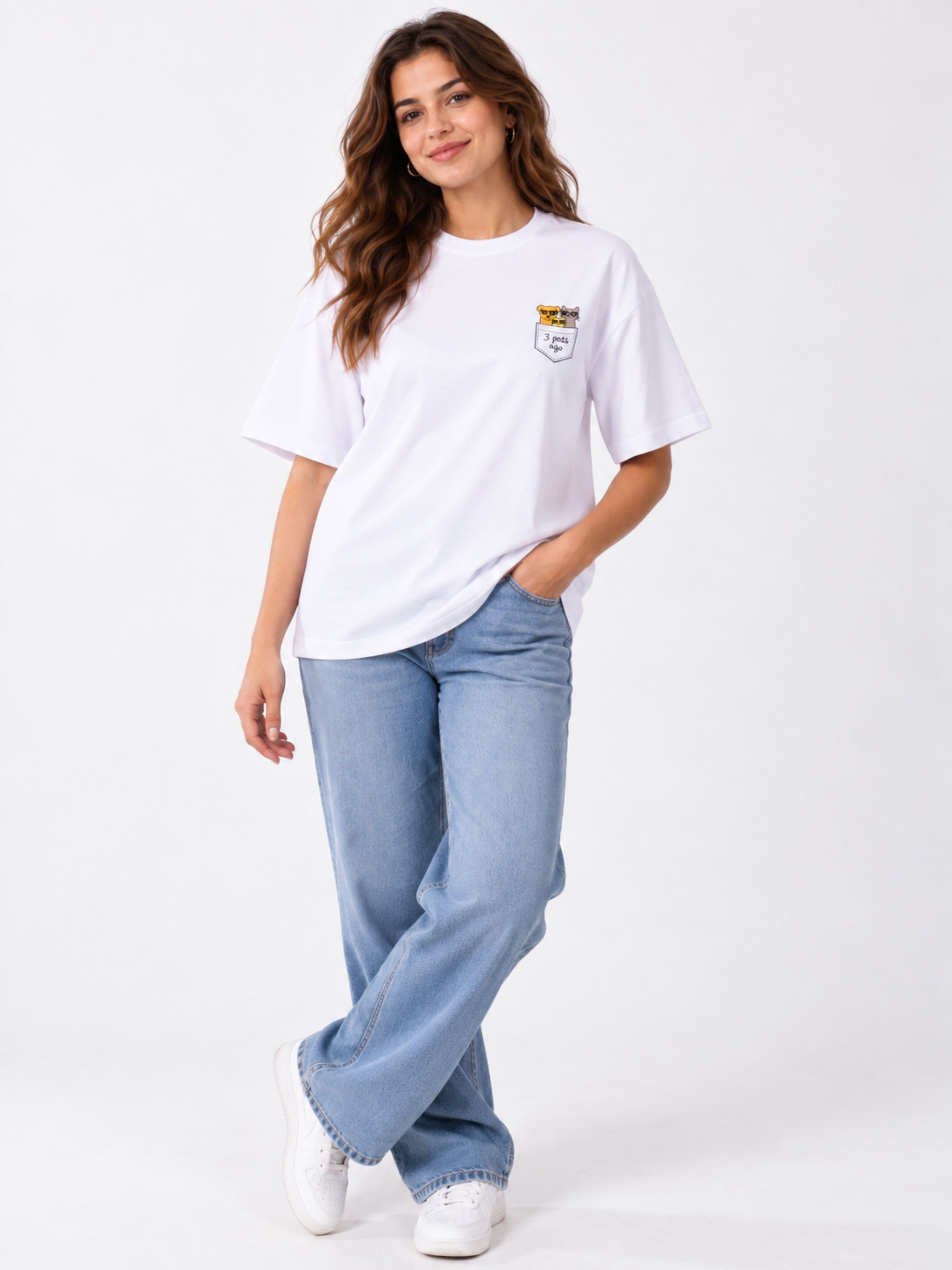Pet Lovers T-shirt For Women oversized fit white tee with small cat pocket design paired with blue jeans