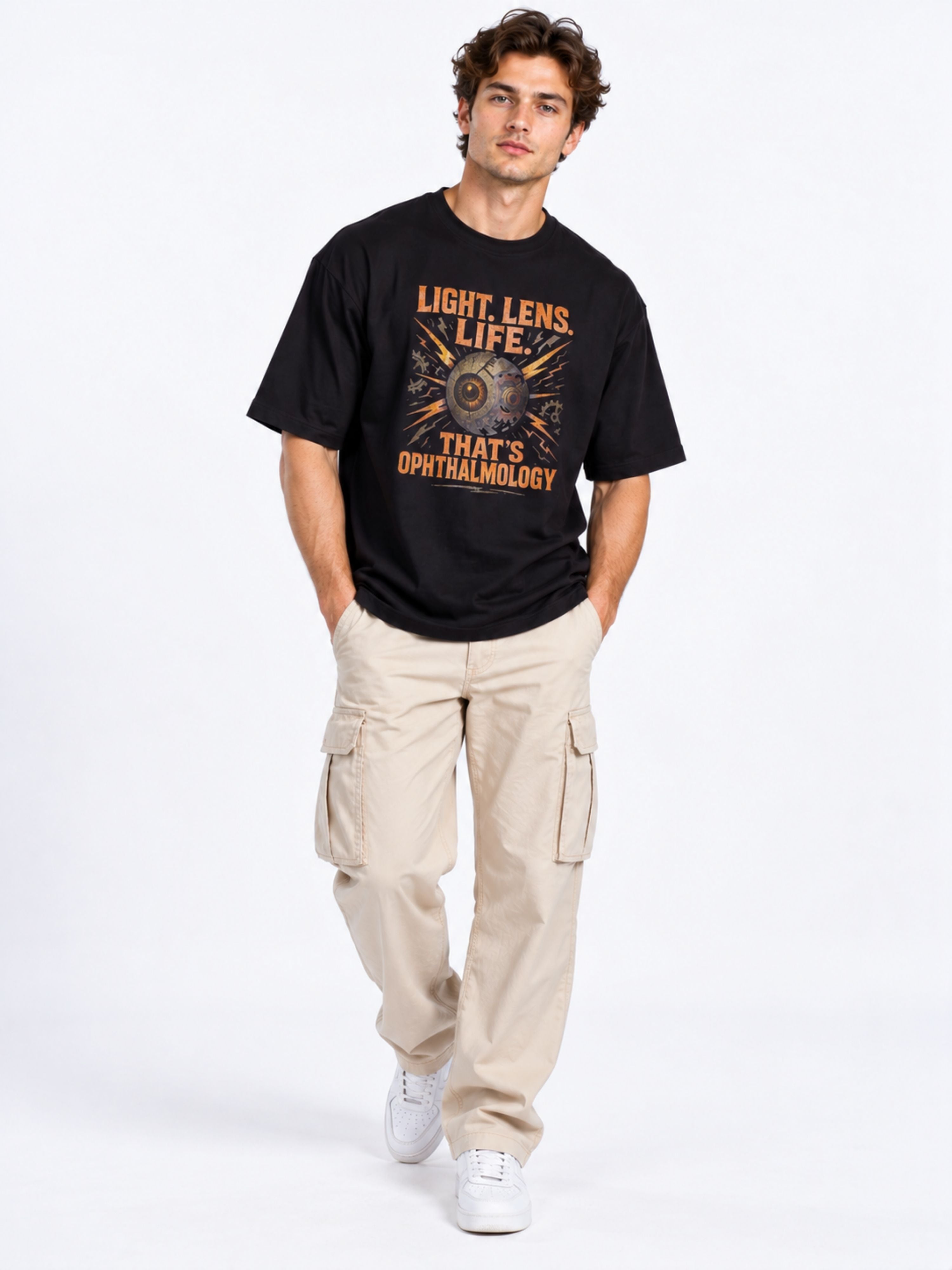 Oversized fit Opthalmologist T-shirt For Men in black with orange eye graphic from Bandar Baant Collections