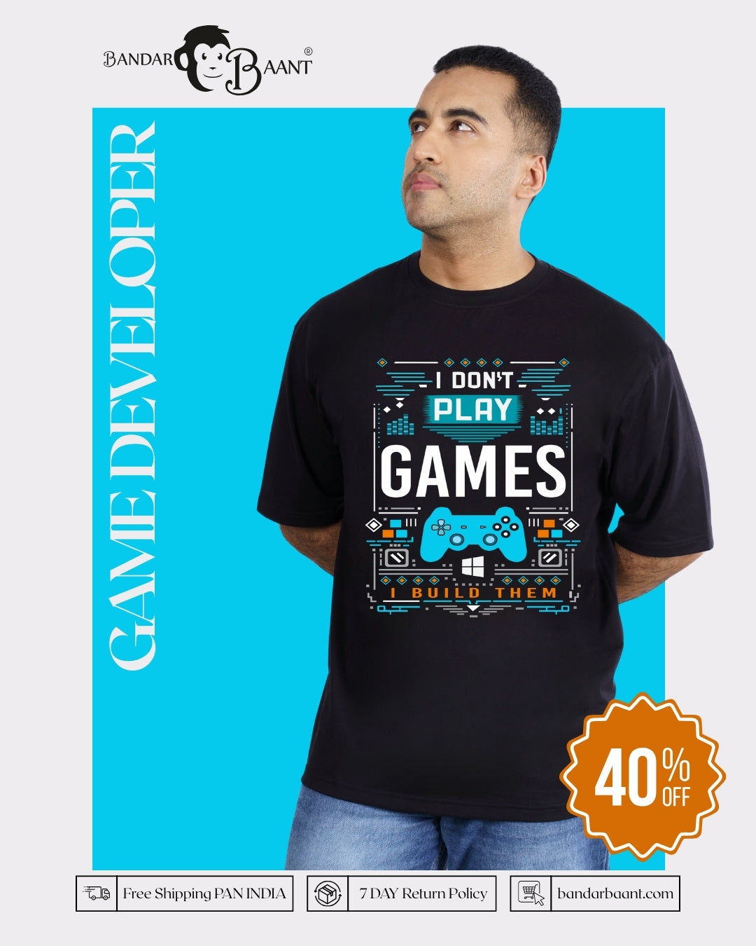 Game Developer Graphic T-shirt For Men oversized fit black tee with gaming controller design