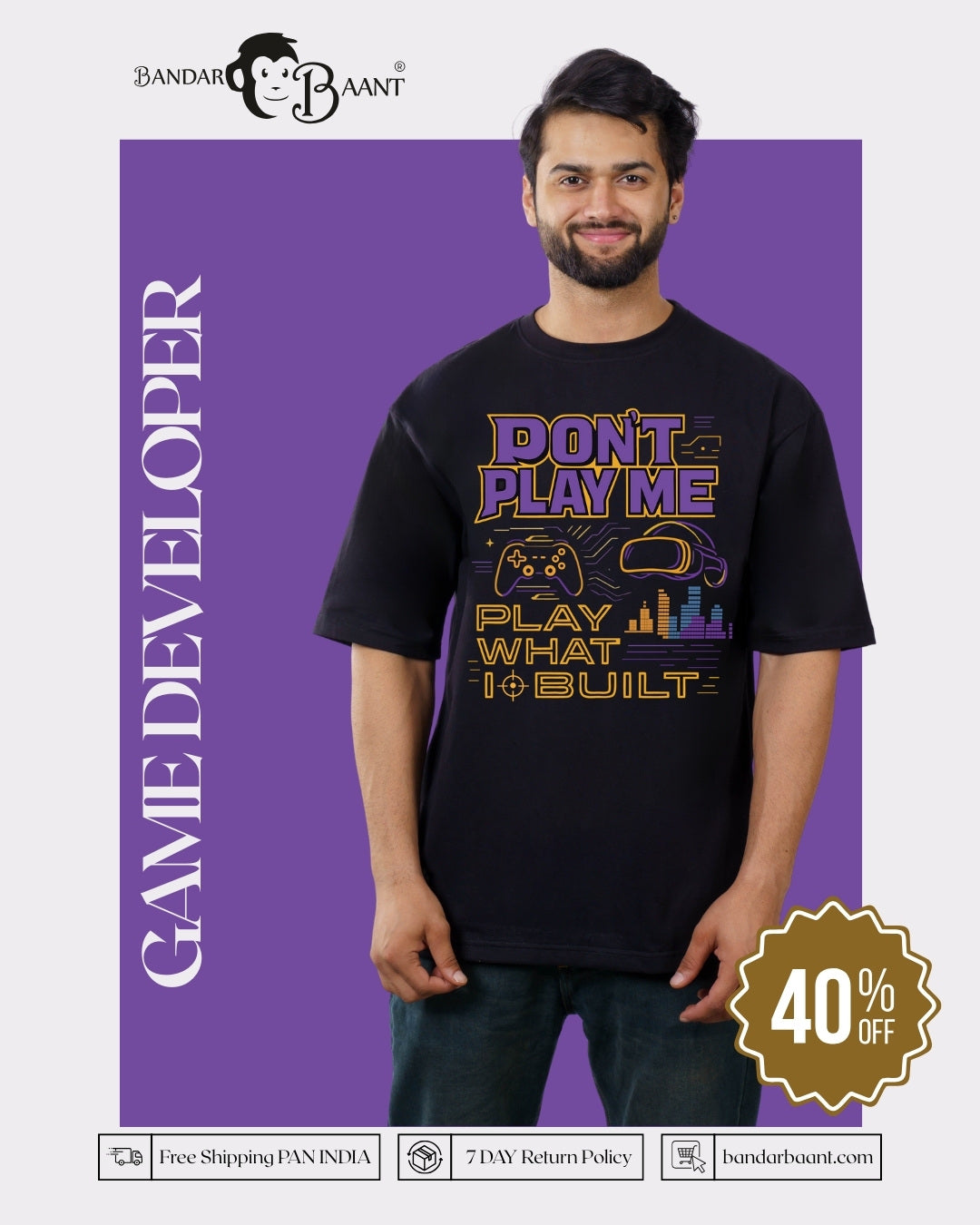 Game Developer Oversized Printed Tshirt For Men with black base and colorful gaming design by Bandar Baant Collections