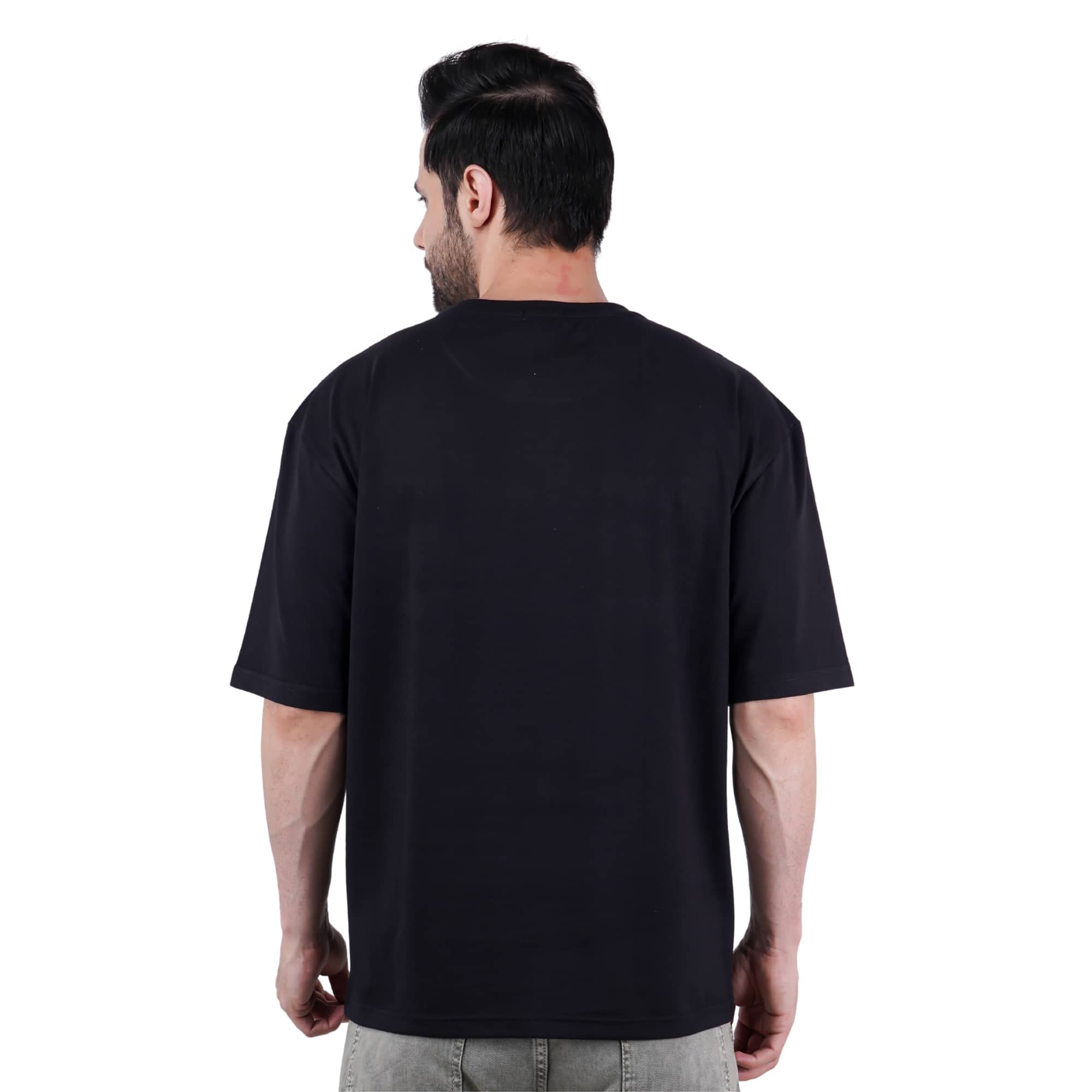 Black oversized fit Gym Enthusiast Graphic T-shirt For Men shown from the back by Bandar Baant Collections