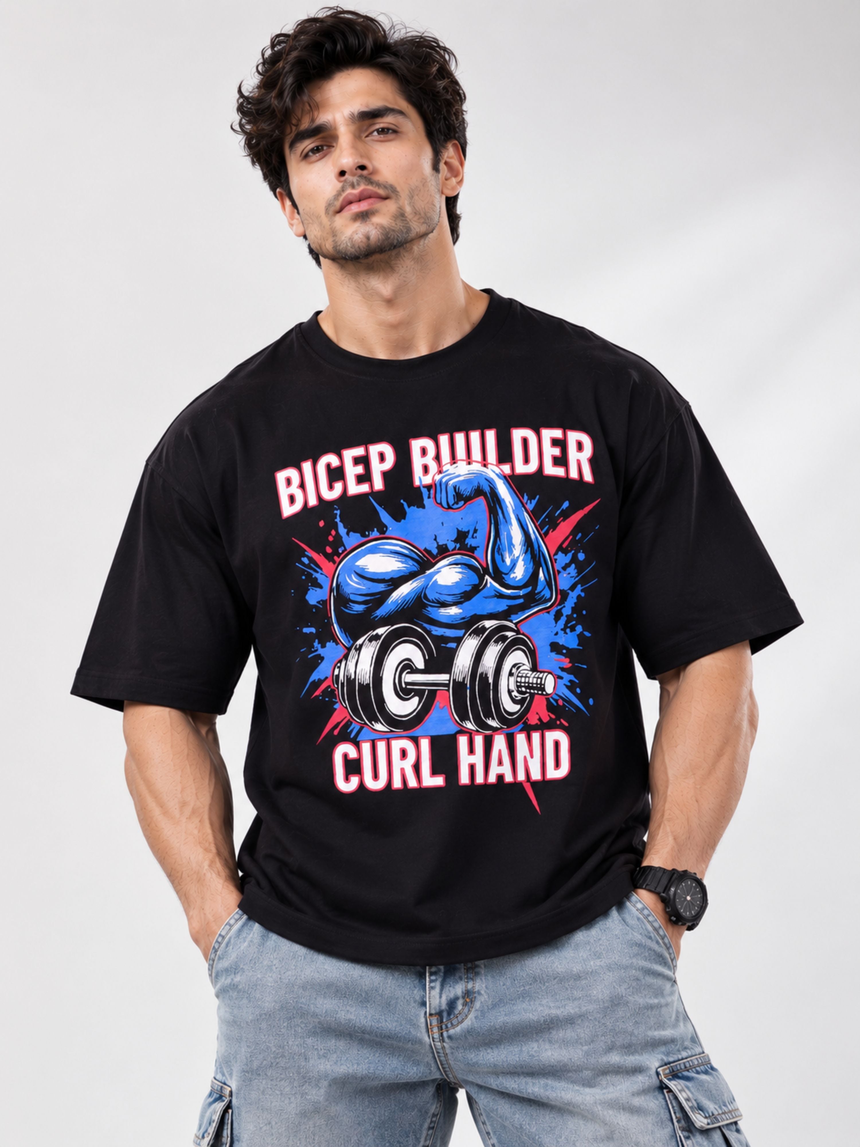 Bandar Baant Collections oversized fit Gym Enthusiast Graphic T-shirt For Men with bicep builder design