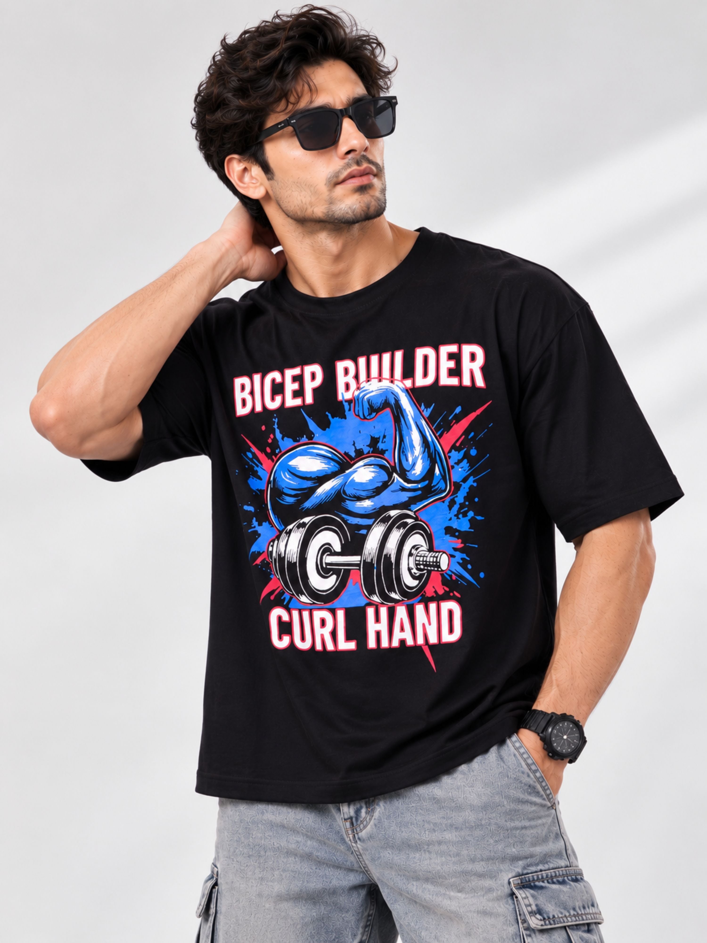 Oversized fit Gym Enthusiast Graphic T-shirt For Men in black with bicep builder print by Bandar Baant Collections