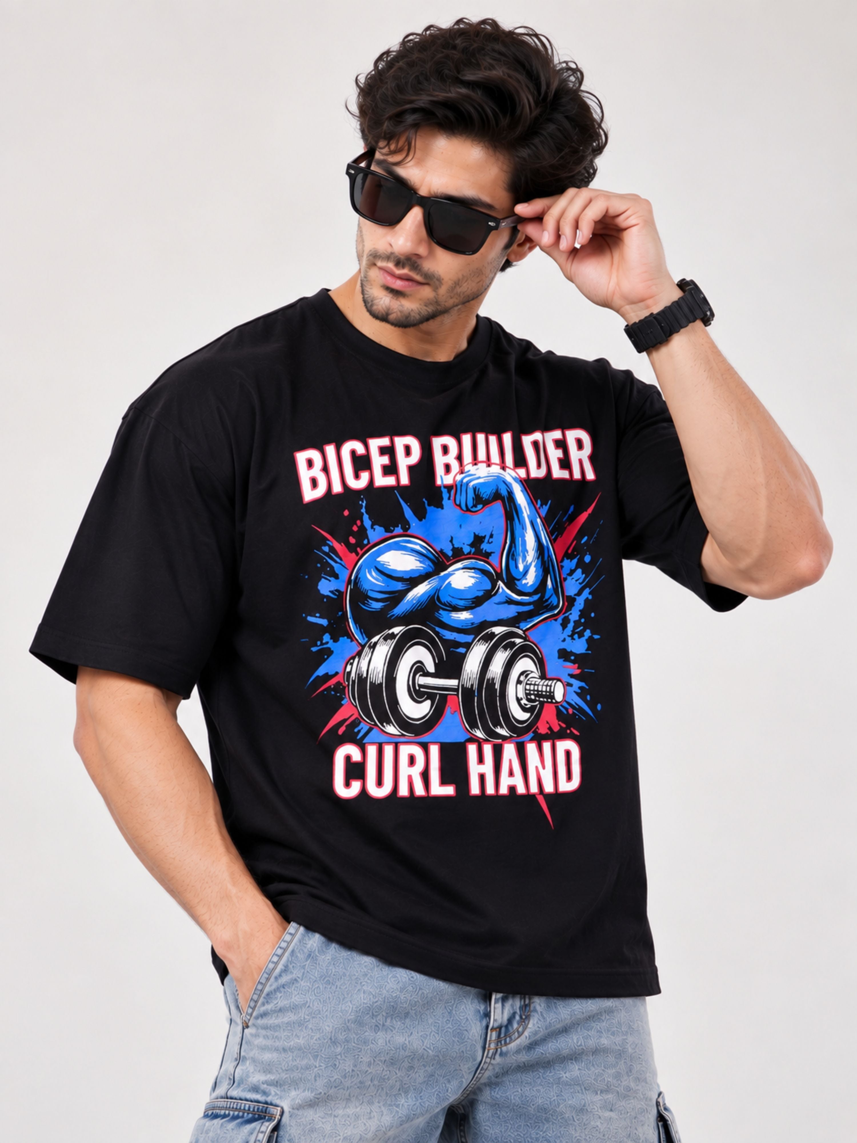 Gym Enthusiast Graphic T-shirt For Men oversized fit black tee with bicep builder design