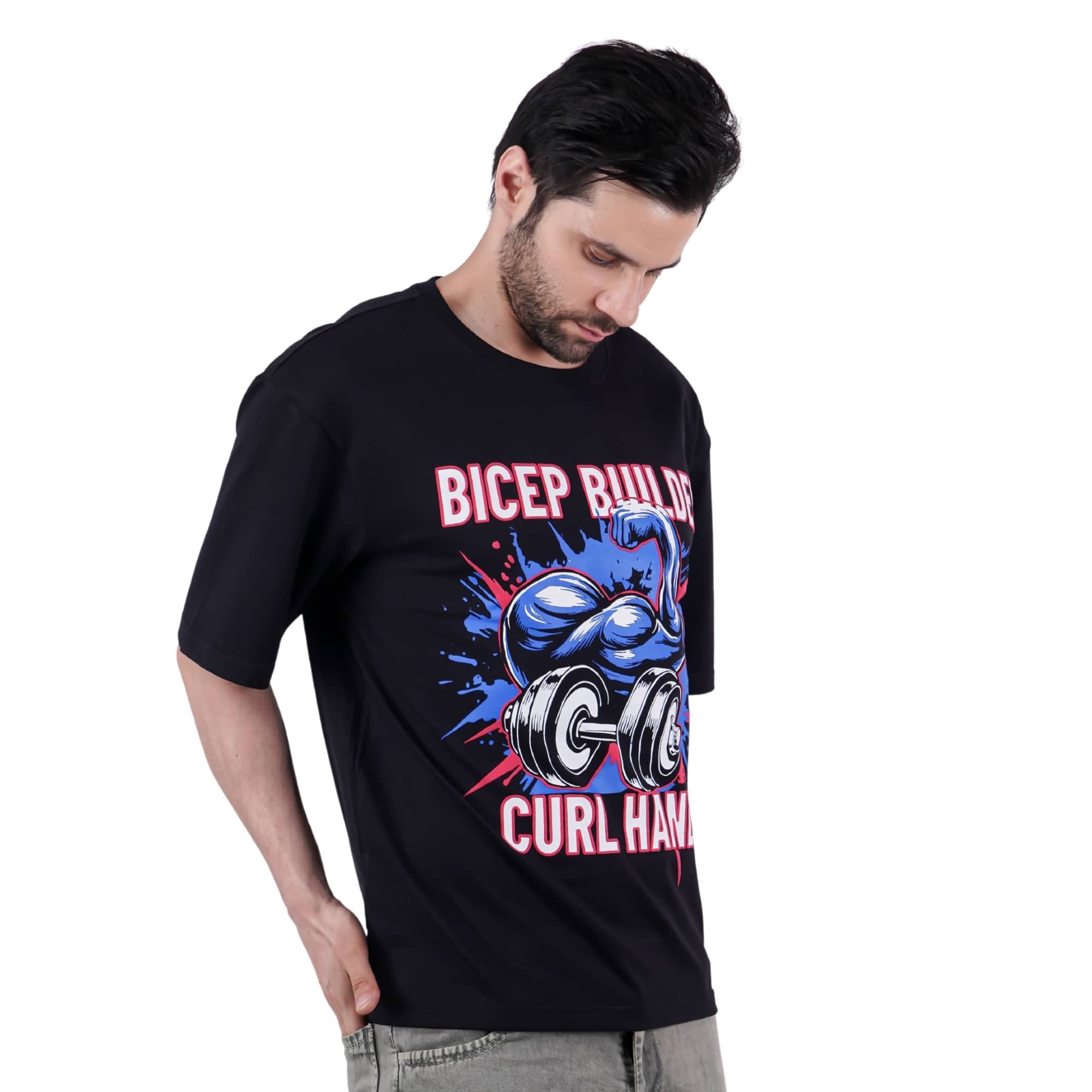 Black oversized fit Gym Enthusiast Graphic T-shirt For Men with bicep builder and dumbbell design