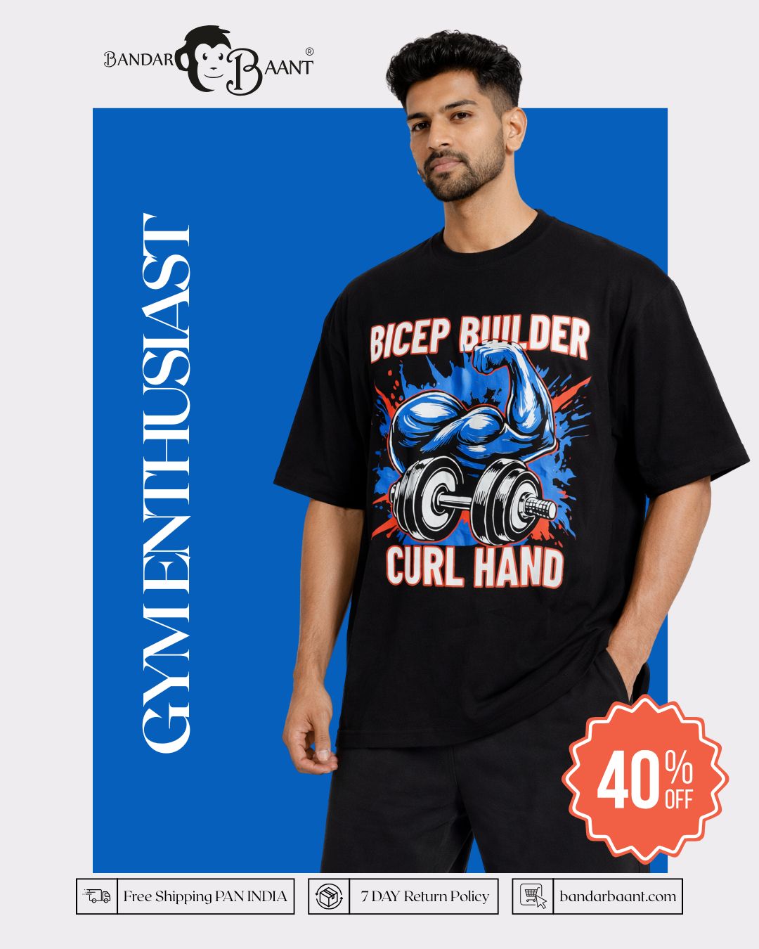 Gym Enthusiast Oversized Graphic T-shirt For Men black with bicep builder curl hand design