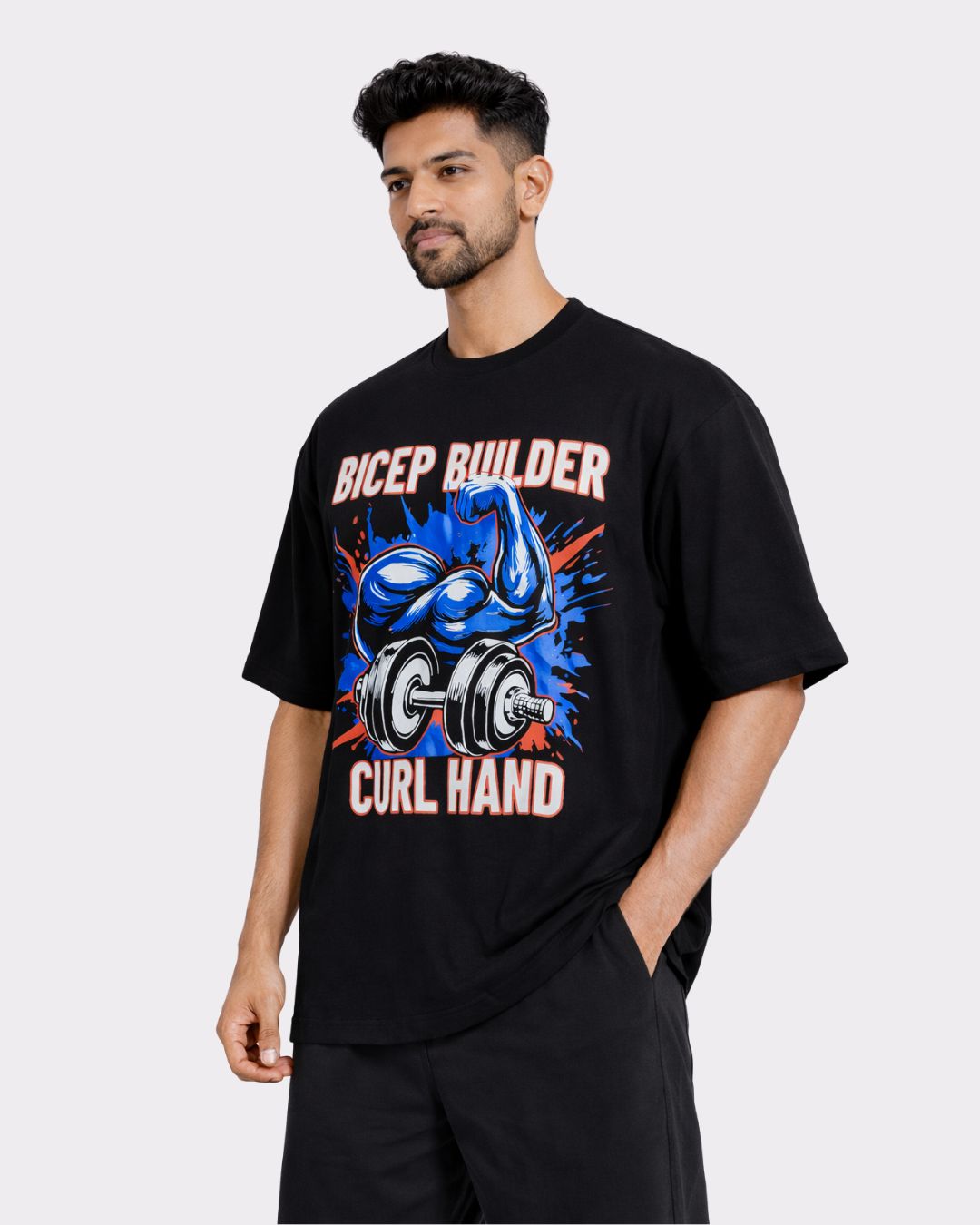 Gym Enthusiast Oversized Graphic T-shirt For Men in black with bold bicep builder print and relaxed fit