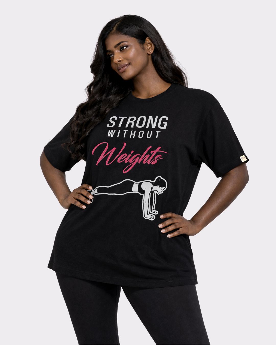 Gym Enthusiast Oversized Graphic T-shirt For Women in black with strong without weights design by Bandar Baant Collections