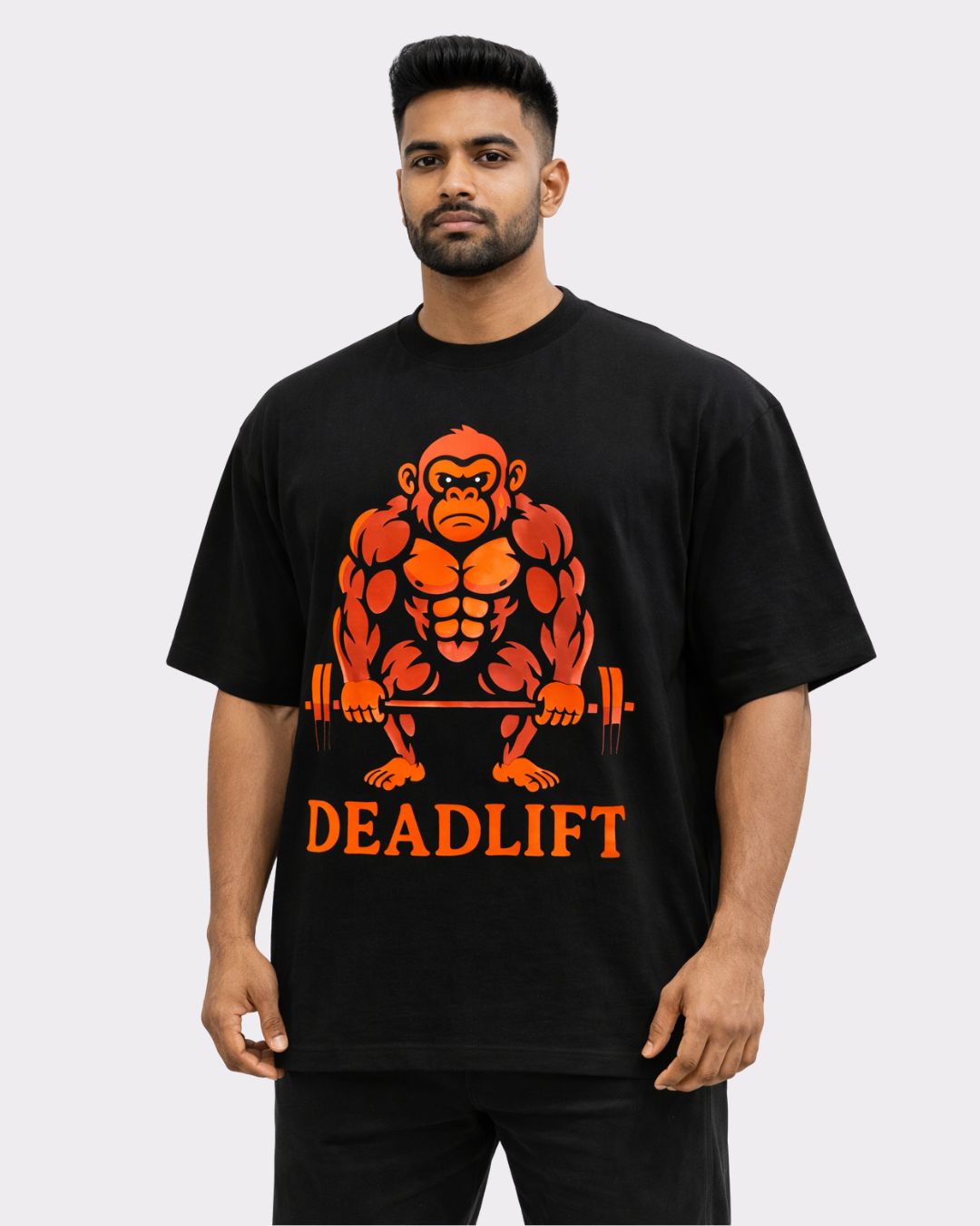 Gym Enthusiast Oversized Printed T-shirt For Men in black with muscular monkey graphic and deadlift text