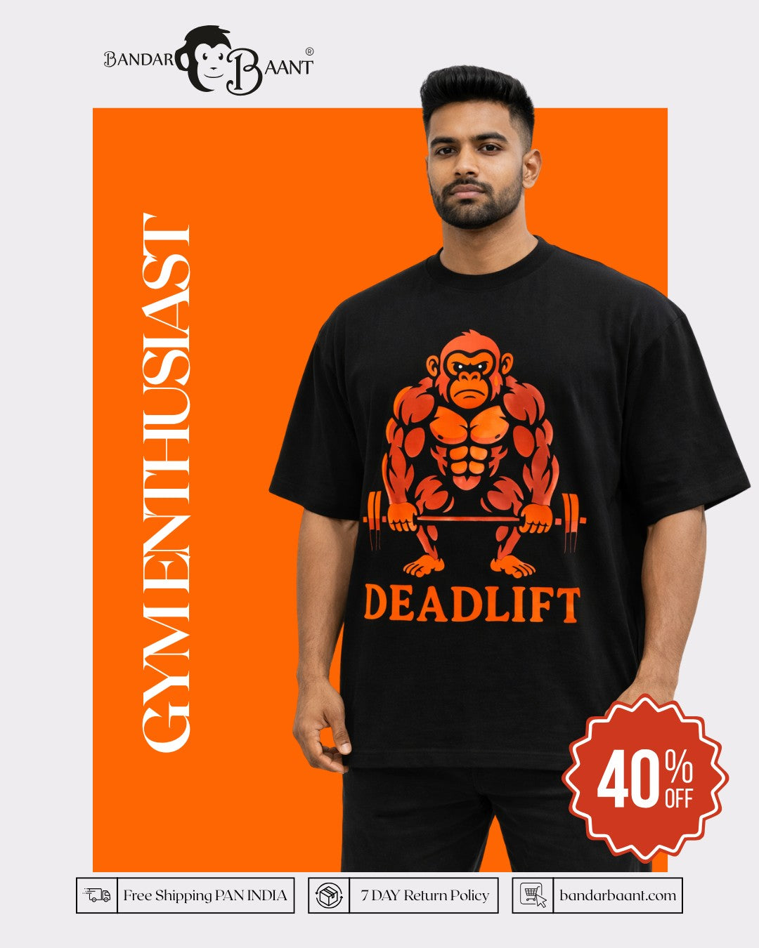 Gym Enthusiast Oversized Printed T-shirt For Men black with orange deadlift graphic at Bandar Baant Collections