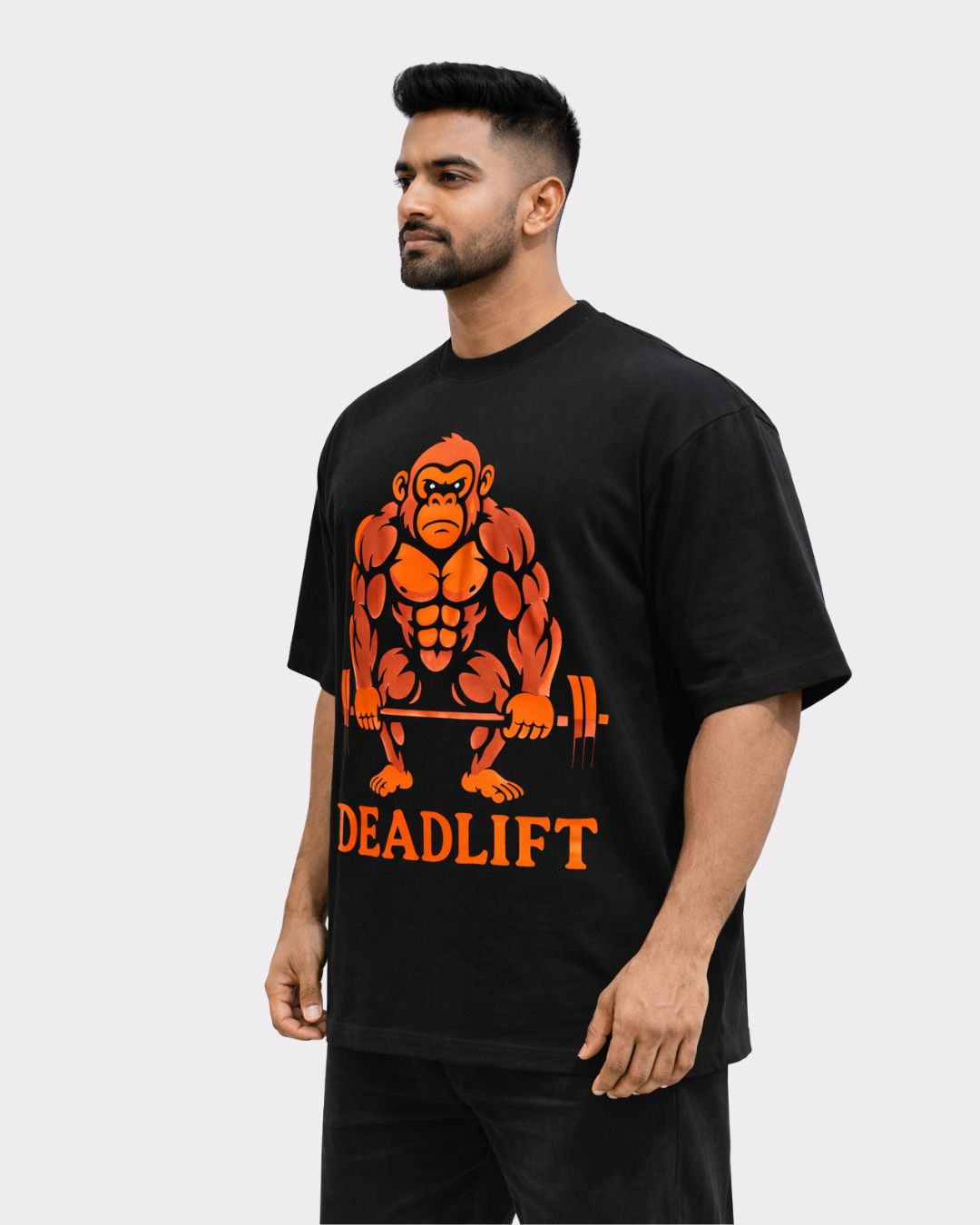 Gym Enthusiast Oversized Printed T-shirt For Men with muscular gorilla deadlift graphic in black