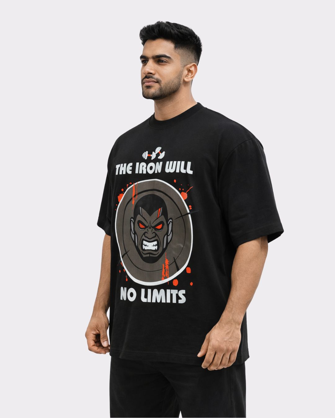 Gym Enthusiast Oversized Quirky Tshirt For Men black oversized fit tshirt with graphic print and text The Iron Will No Limits