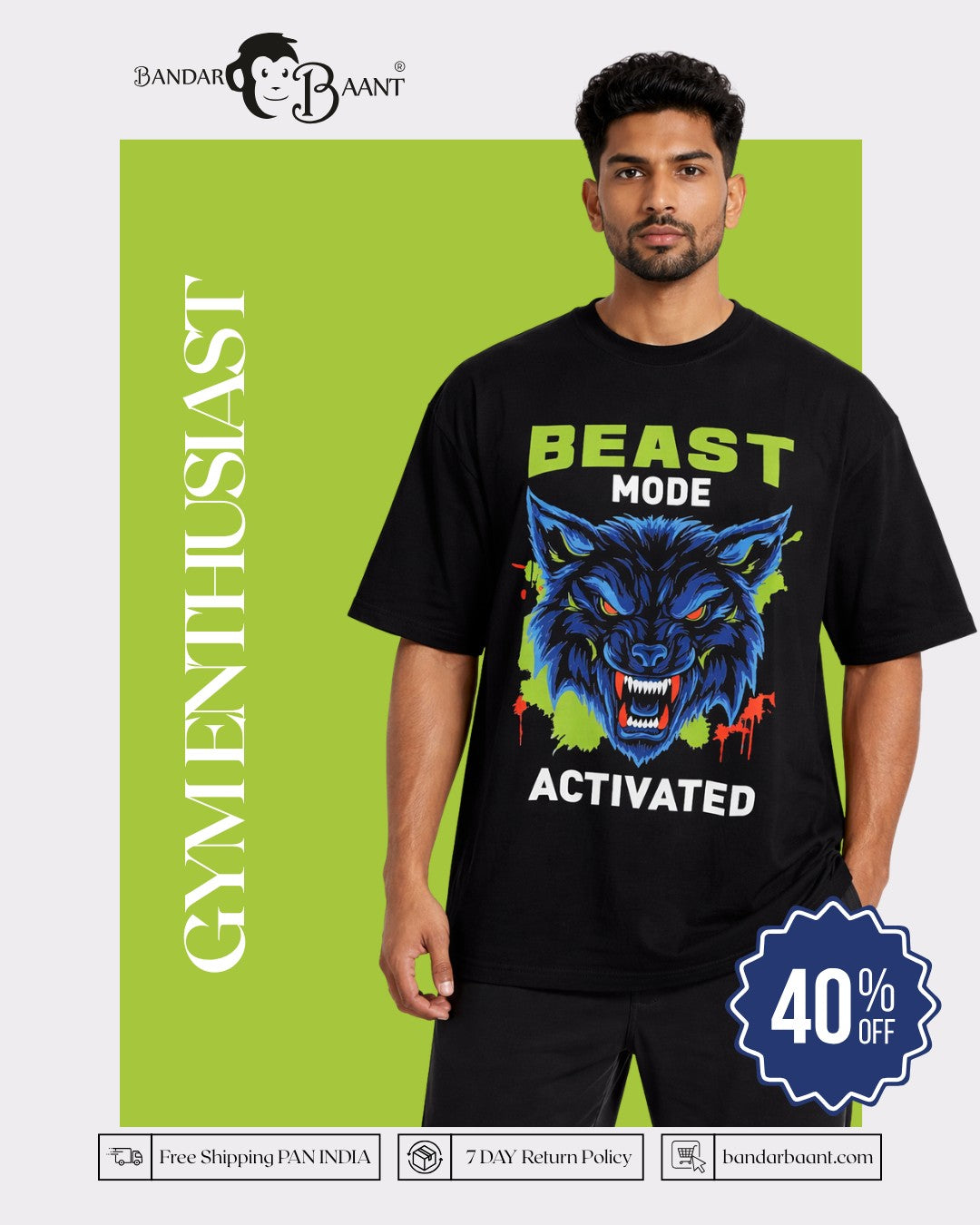 Gym Enthusiast Oversized Trendy T-shirt For Men black with Beast Mode Activated graphic from Bandar Baant Collections