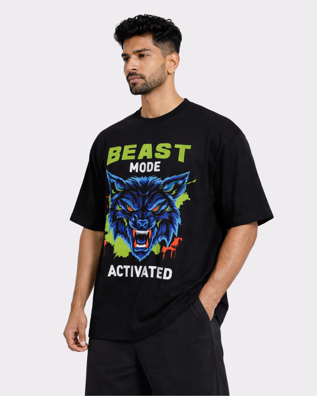 Gym Enthusiast Oversized Trendy T-shirt For Men black with beast mode graphic and relaxed fit