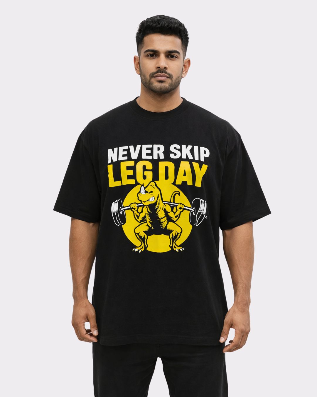 Gym Enthusiast Oversized Trendy T-shirt For Men in black with never skip leg day graphic print