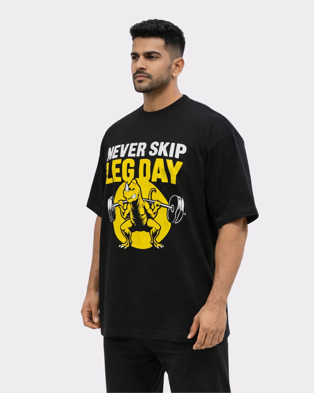 Gym Enthusiast Oversized Trendy T-shirt For Men black oversized fit tshirt with never skip leg day print