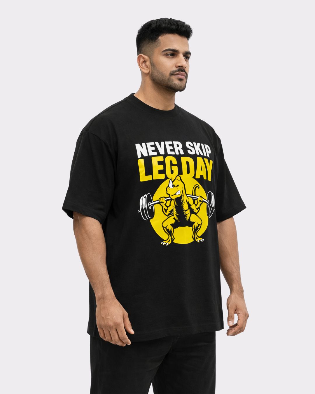Gym Enthusiast Oversized Trendy T-shirt For Men black oversized fit Tshirt with yellow leg day graphic