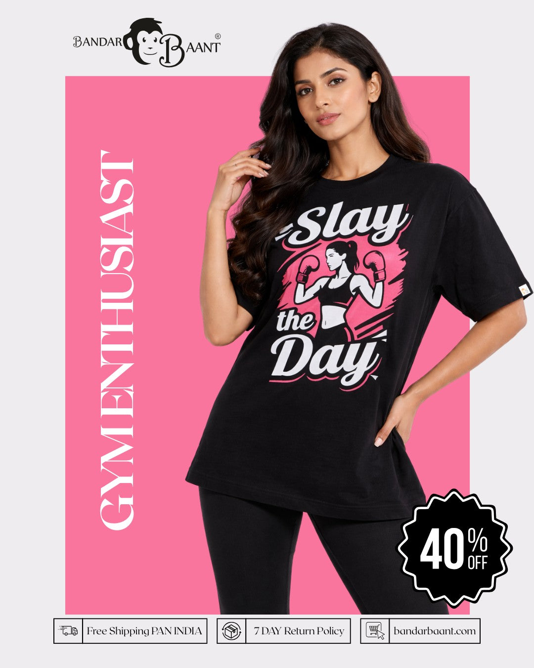 Gym Enthusiast Oversized Trendy T-shirt For Women black graphic tee with Slay the Day design