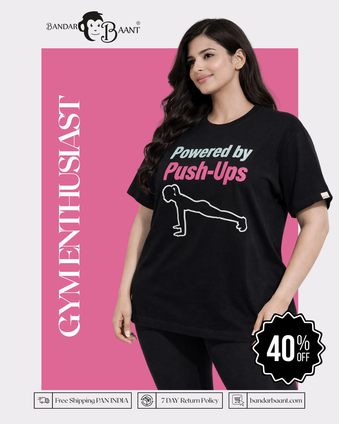 Gym Enthusiast Oversized Trendy T-shirt For Women in black with push-ups graphic from Bandar Baant Collections