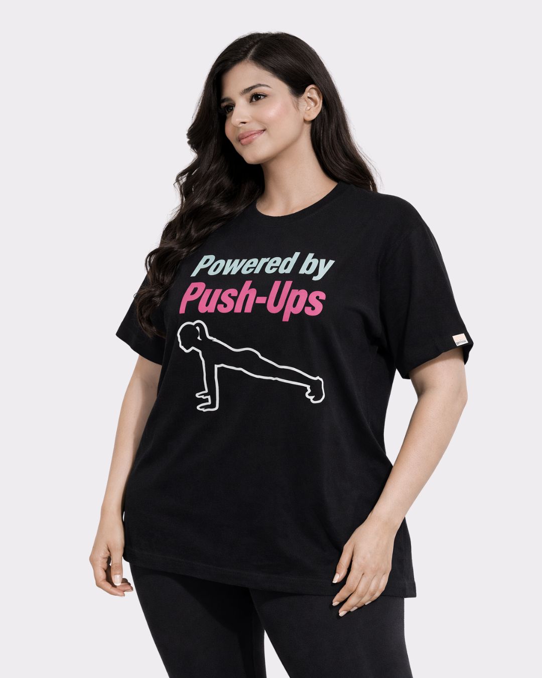 Gym Enthusiast Oversized Trendy T-shirt For Women in black with push-up graphic and relaxed fit from Bandar Baant Collections