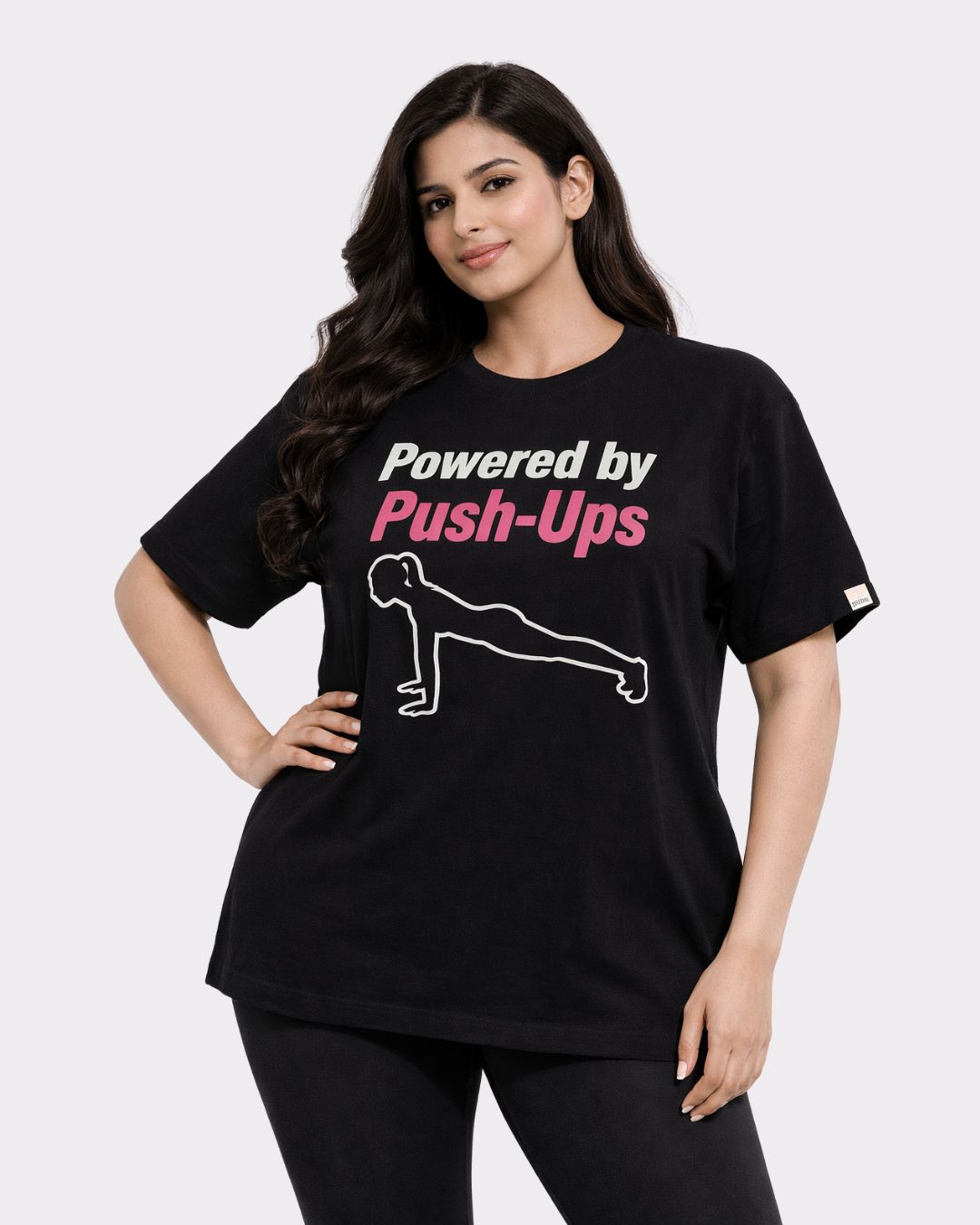 Gym Enthusiast Oversized Trendy T-shirt For Women black with Powered by Push-Ups print from Bandar Baant Collections