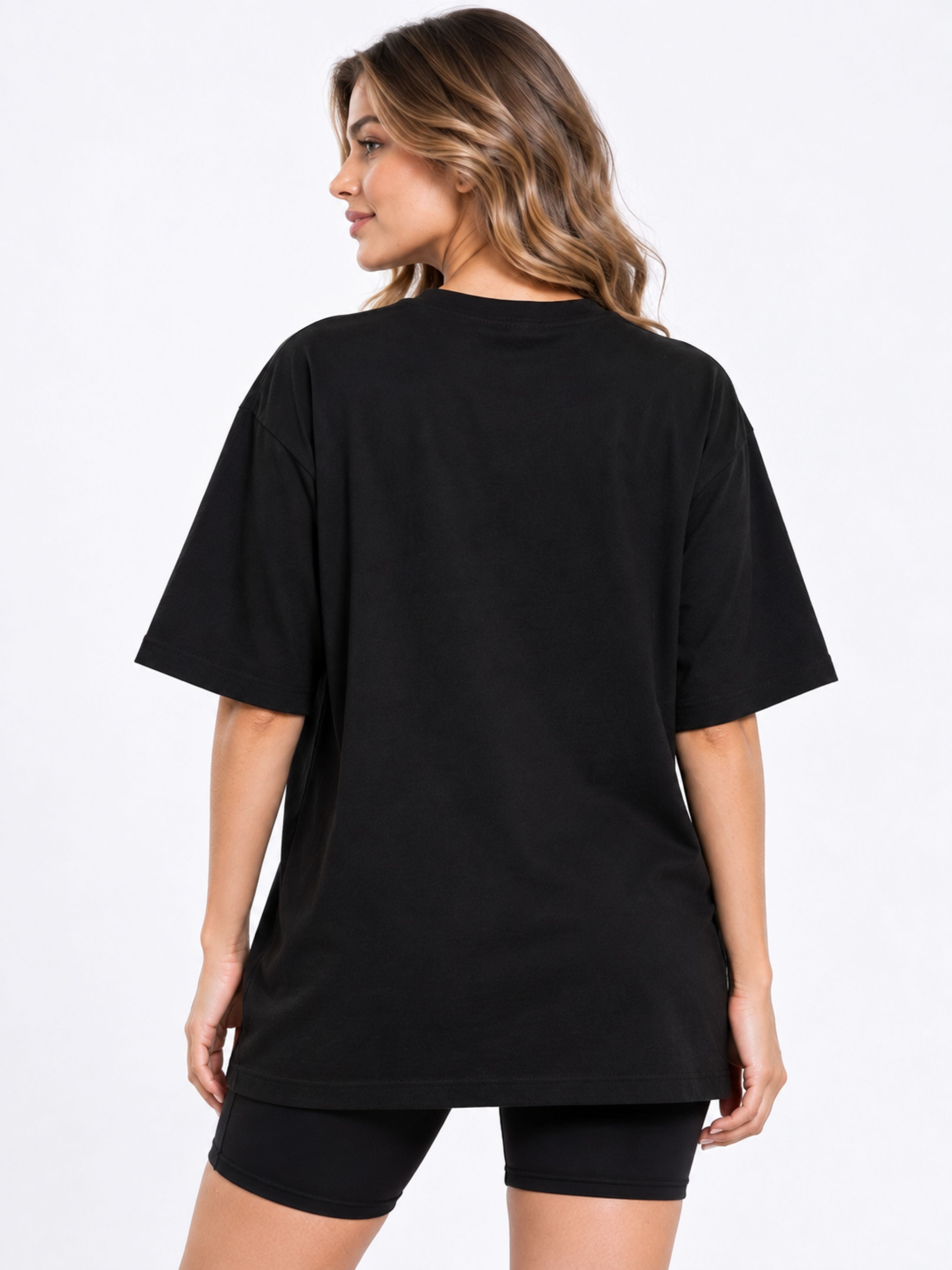 Back view of oversized fit Gym Enthusiast Printed T-shirt For Women in black by Bandar Baant Collections