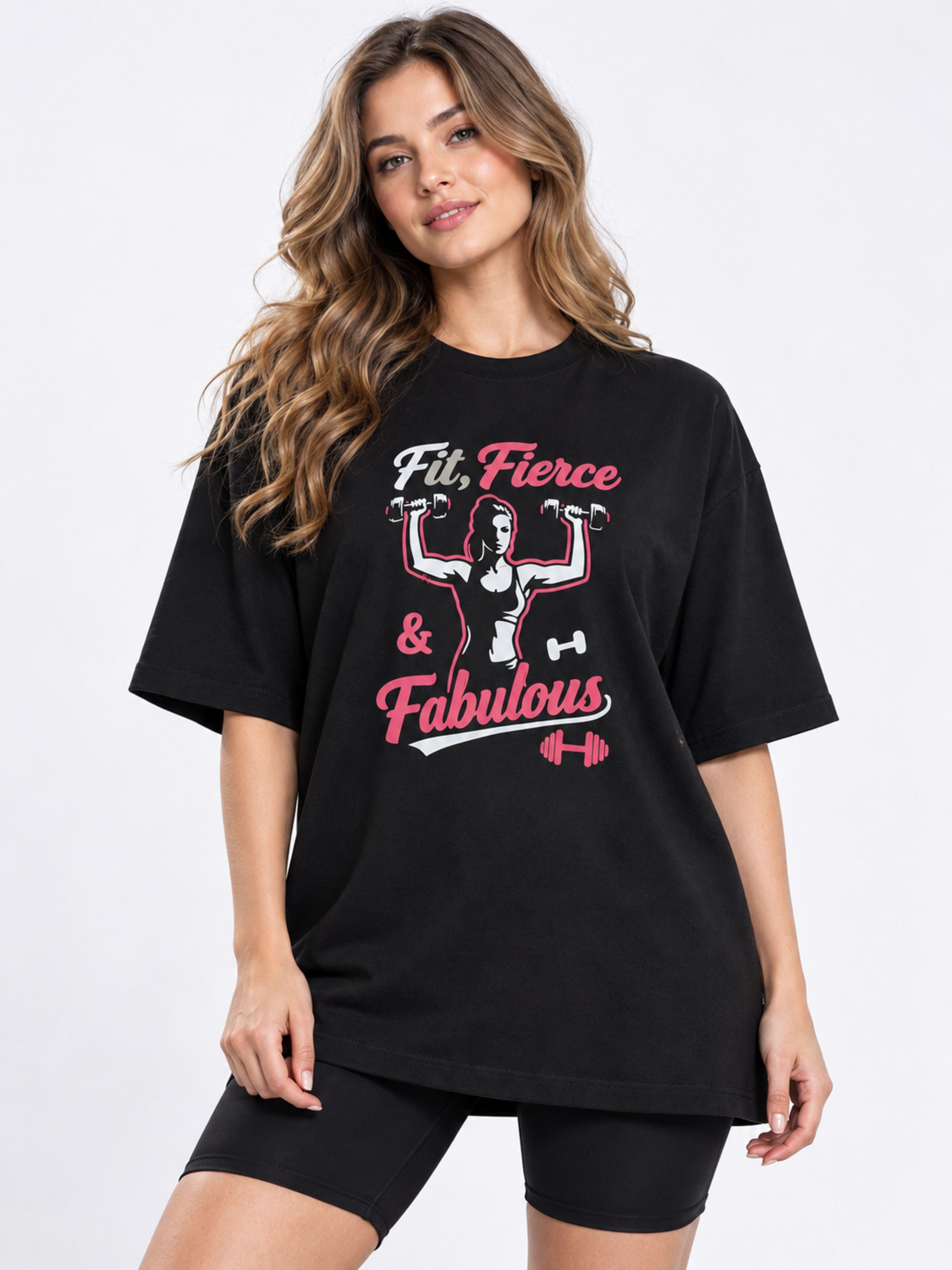Bandar Baant Collections oversized Gym Enthusiast Printed T-shirt For Women in black with fitness graphic