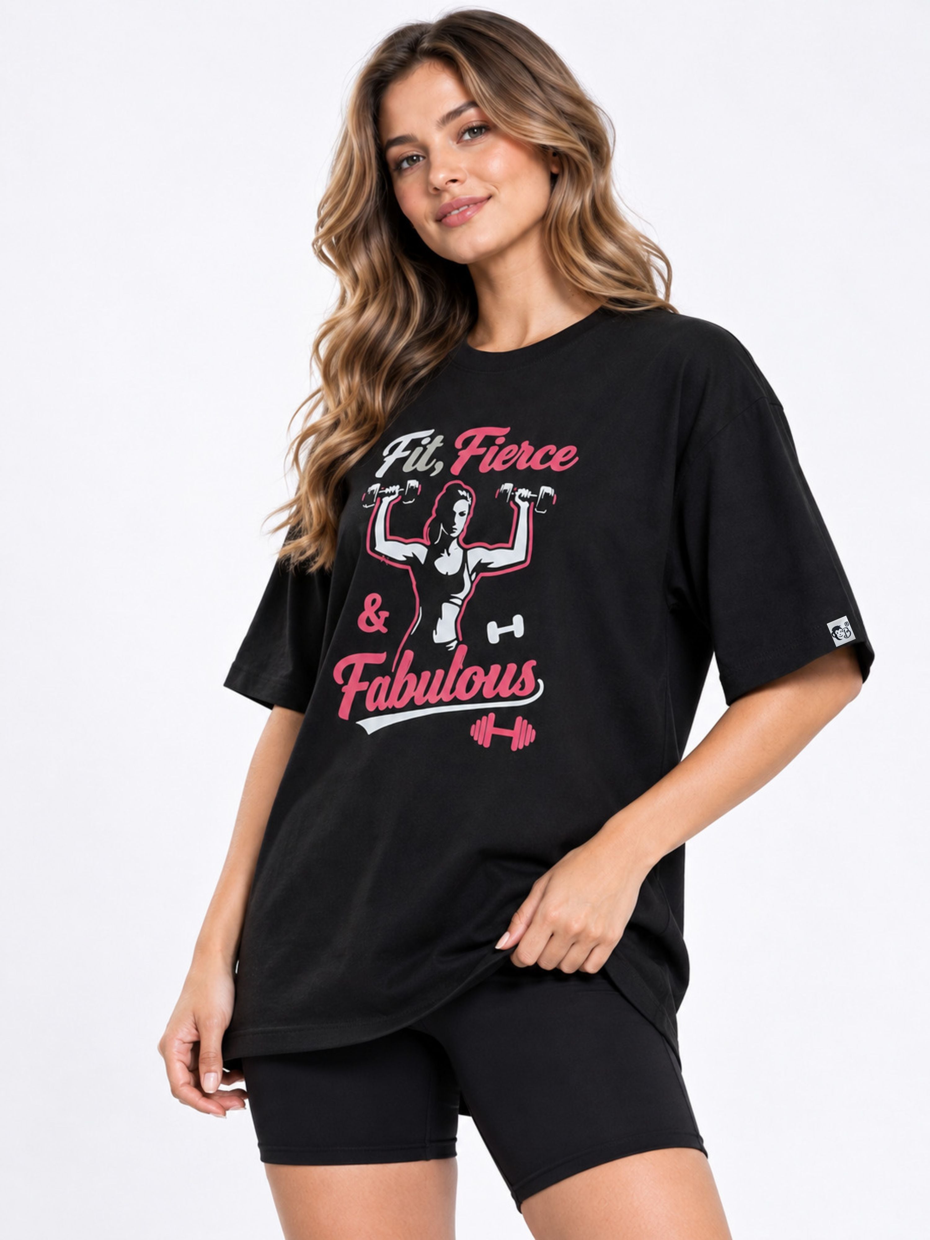 Black oversized fit Gym Enthusiast Printed T-shirt For Women with pink and white fitness graphic