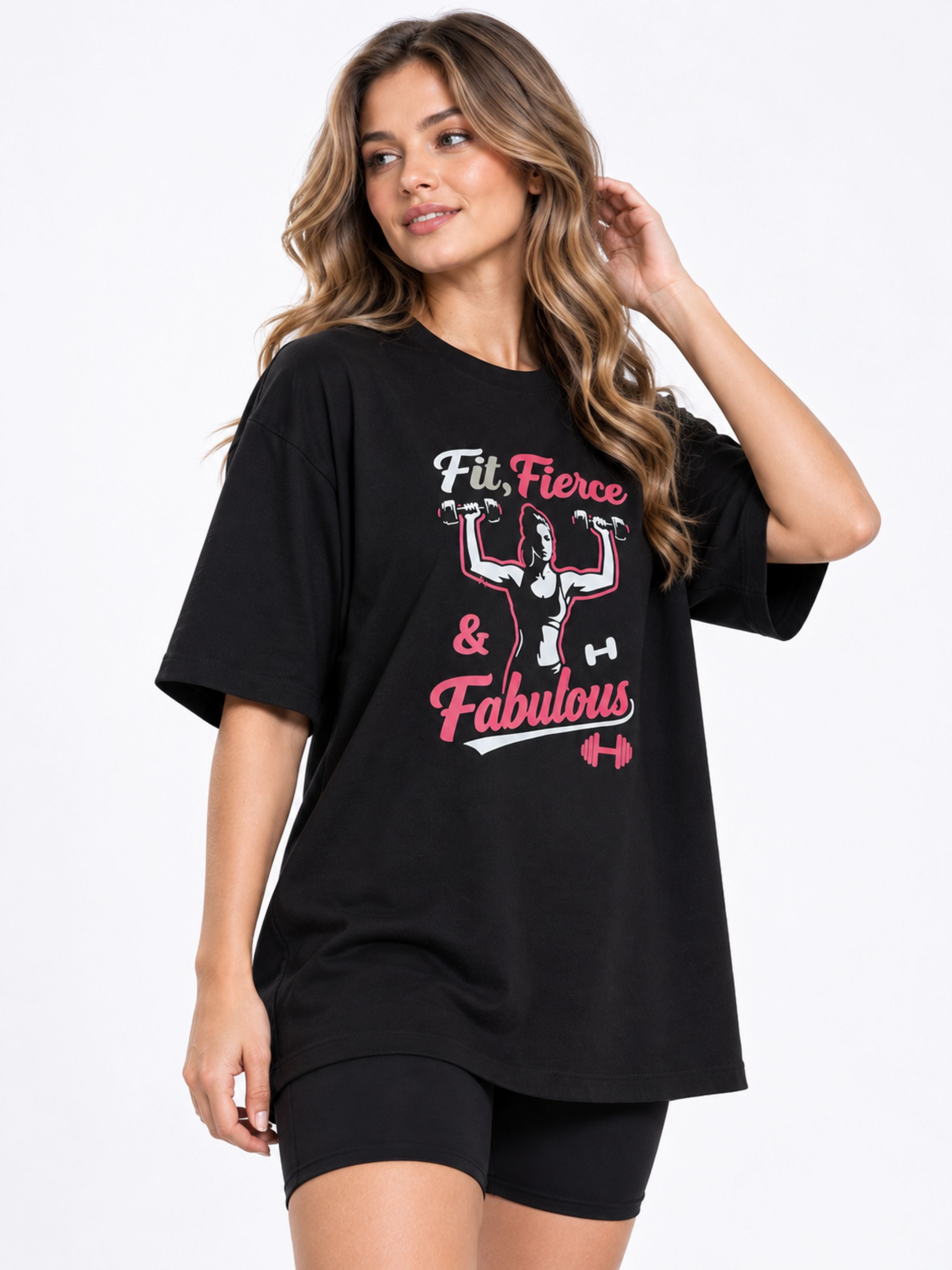 Bandar Baant Collections oversized fit Gym Enthusiast Printed T-shirt For Women in black with fitness graphic