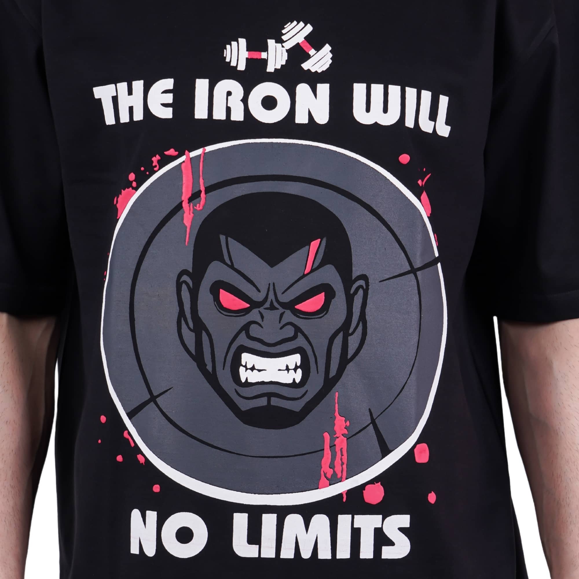 Black oversized fit Tshirt from Bandar Baant Collections featuring graphic and text The Iron Will No Limits Gym Enthusiast Quirky Tshirt For Men