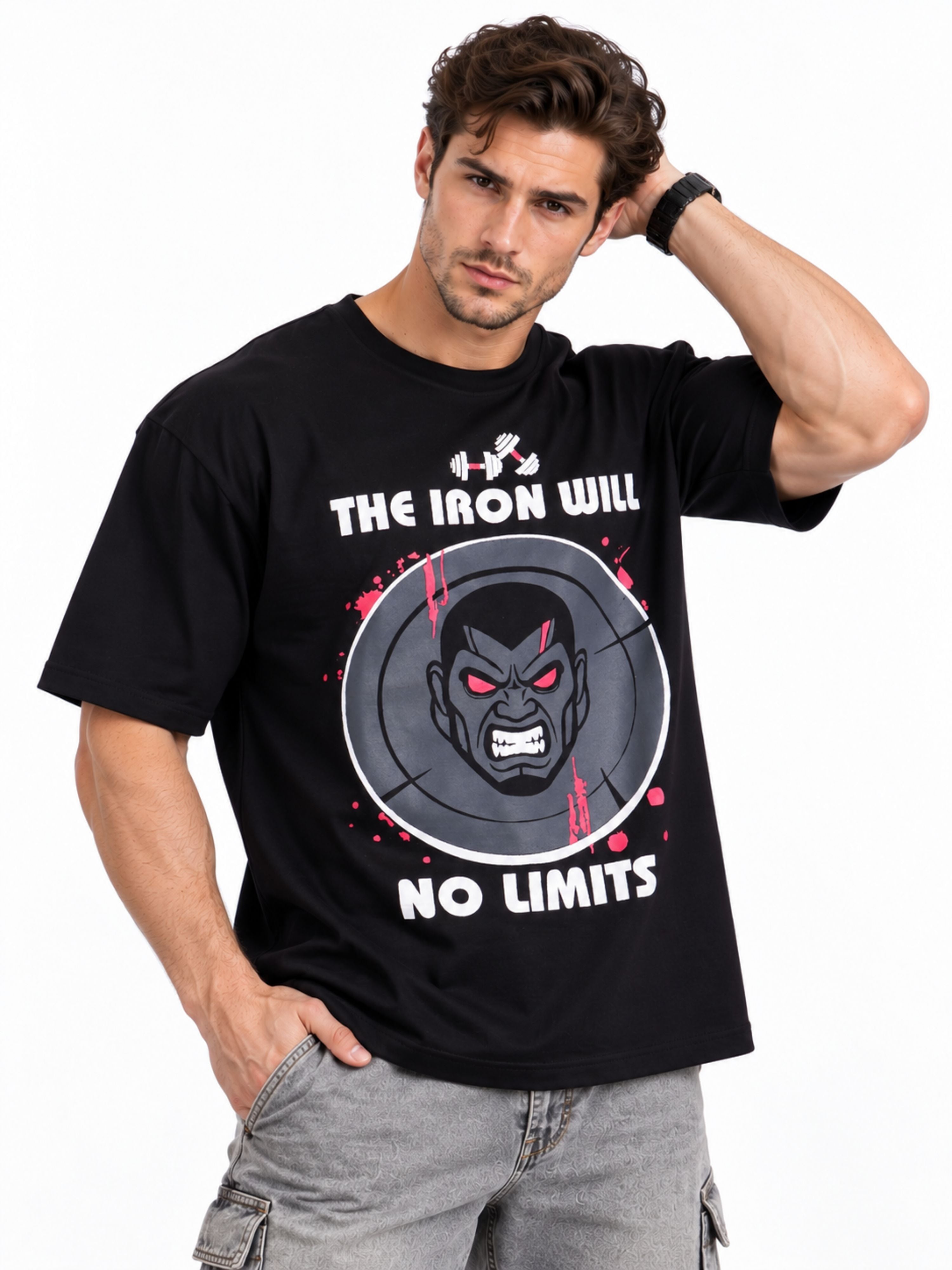 Oversized fit Gym Enthusiast Quirky Tshirt For Men in black with graphic design and motivational text