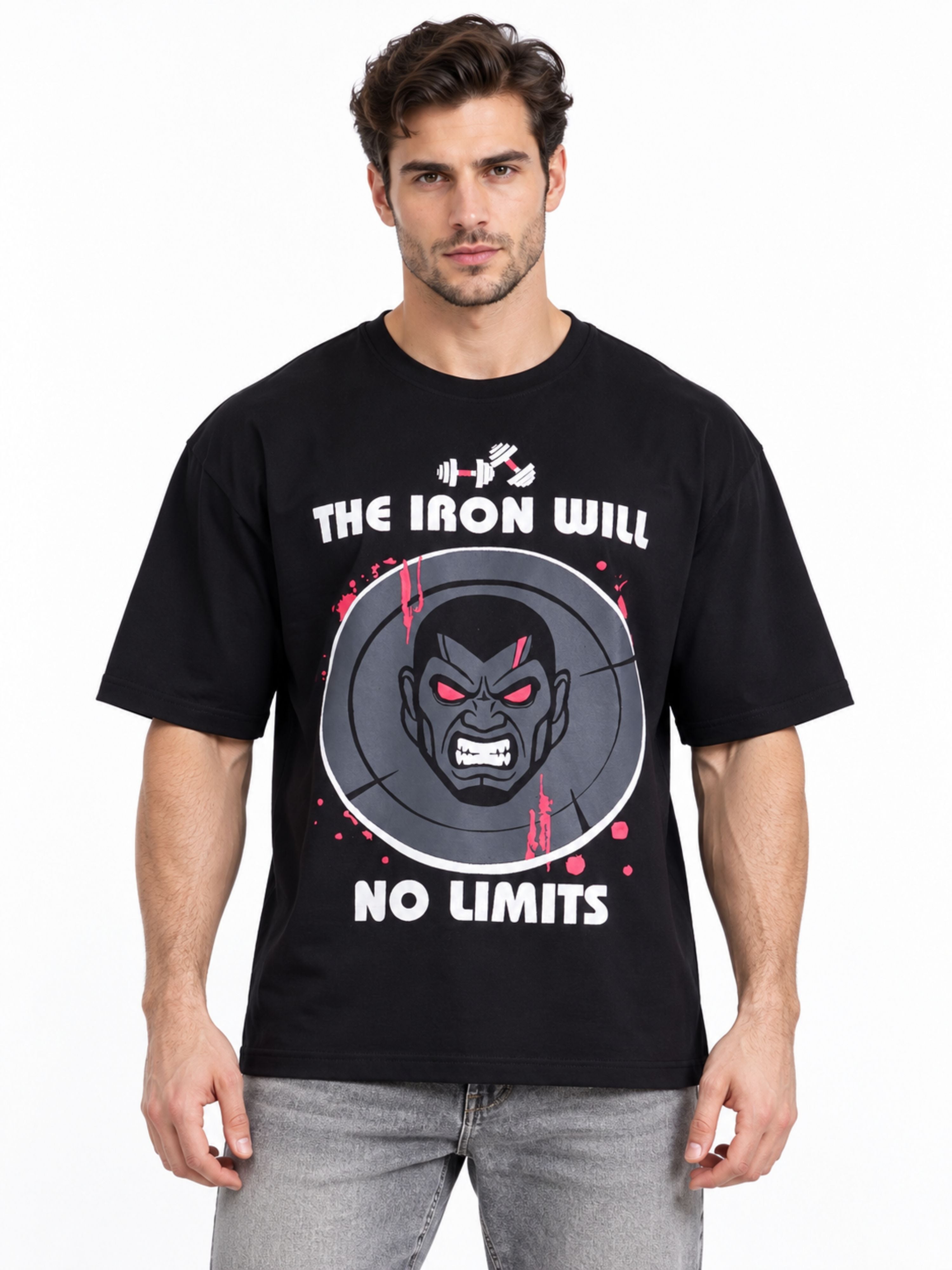 Gym Enthusiast Quirky Tshirt For Men oversized fit black tee with graphic design and motivational text