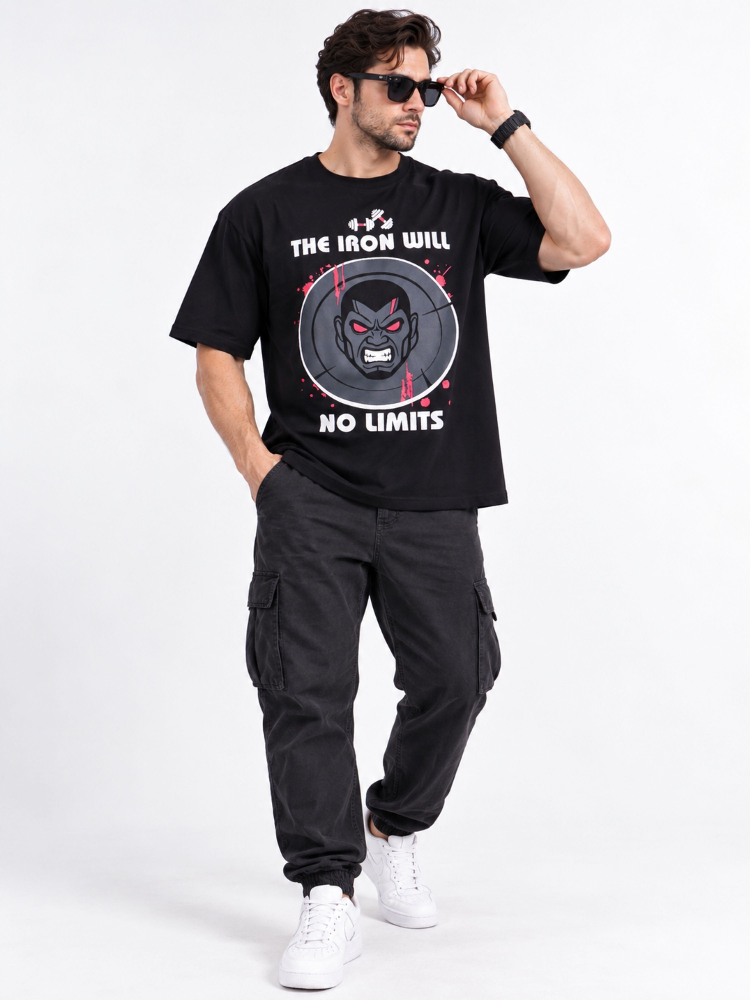 Oversized fit Gym Enthusiast Quirky Tshirt For Men in black with graphic print and comfortable casual style