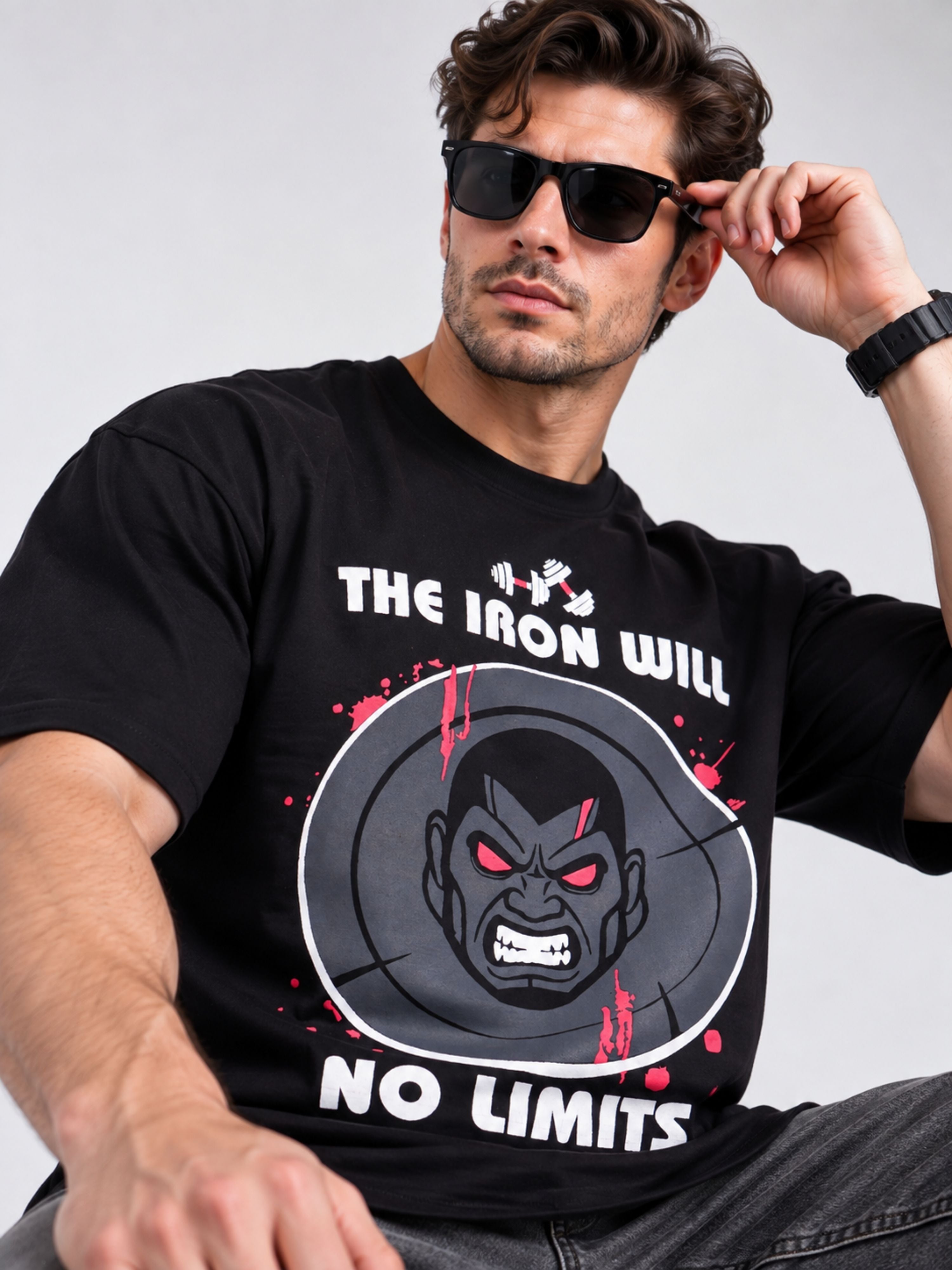 Oversized fit Gym Enthusiast Quirky Tshirt For Men in black featuring bold iron will graphic design