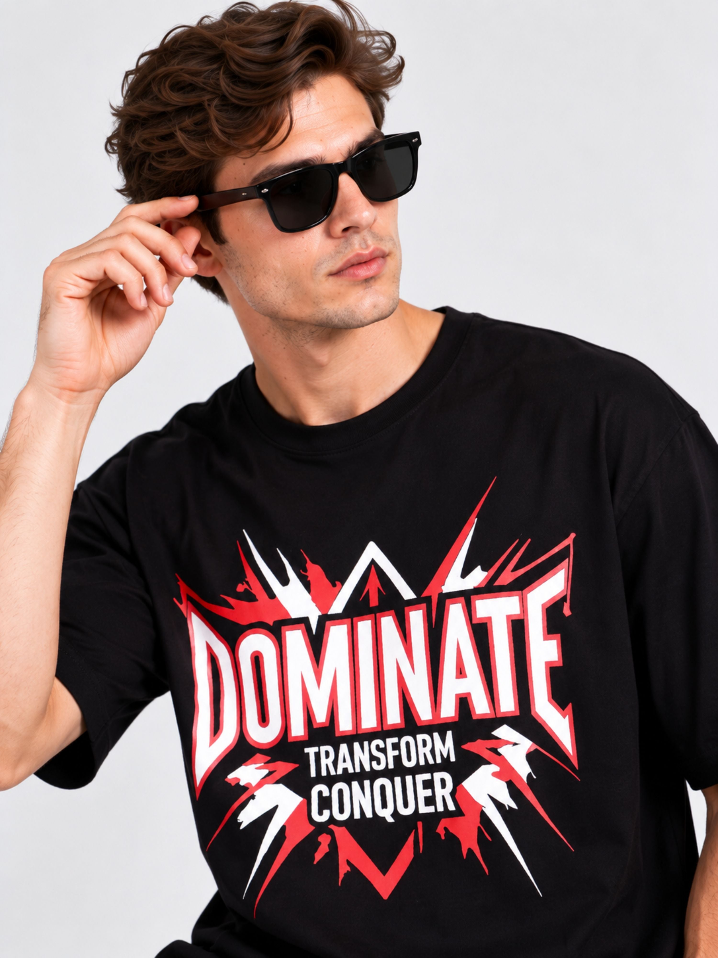 Black oversized Gym Enthusiast T-shirt For Men with dominate transform conquer graphic design